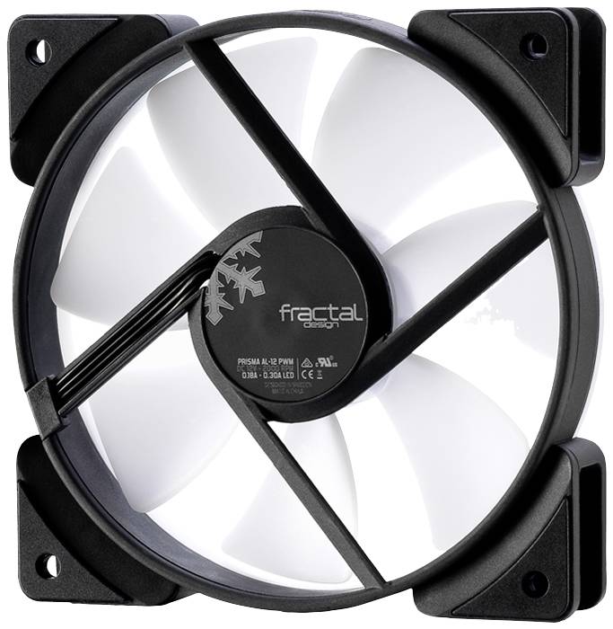 Een zwarte en witte computerventilator met het 'Fractal Design' logo in het midden, gemonteerd op een rechthoekig frame.