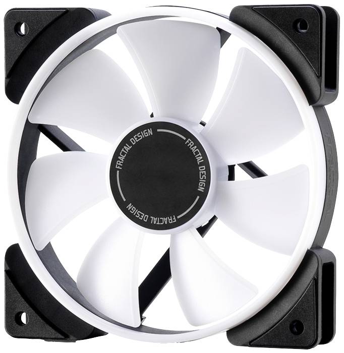 Een witte computerventilator met zwarte hoeken, acht bladen en de tekst 'Fractal Design' in het midden.
