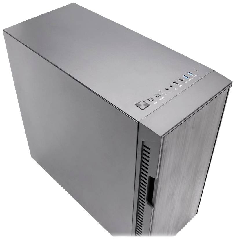Grijze computerbehuizing met USB-poorten en ventilatiesleuven aan de voorkant.