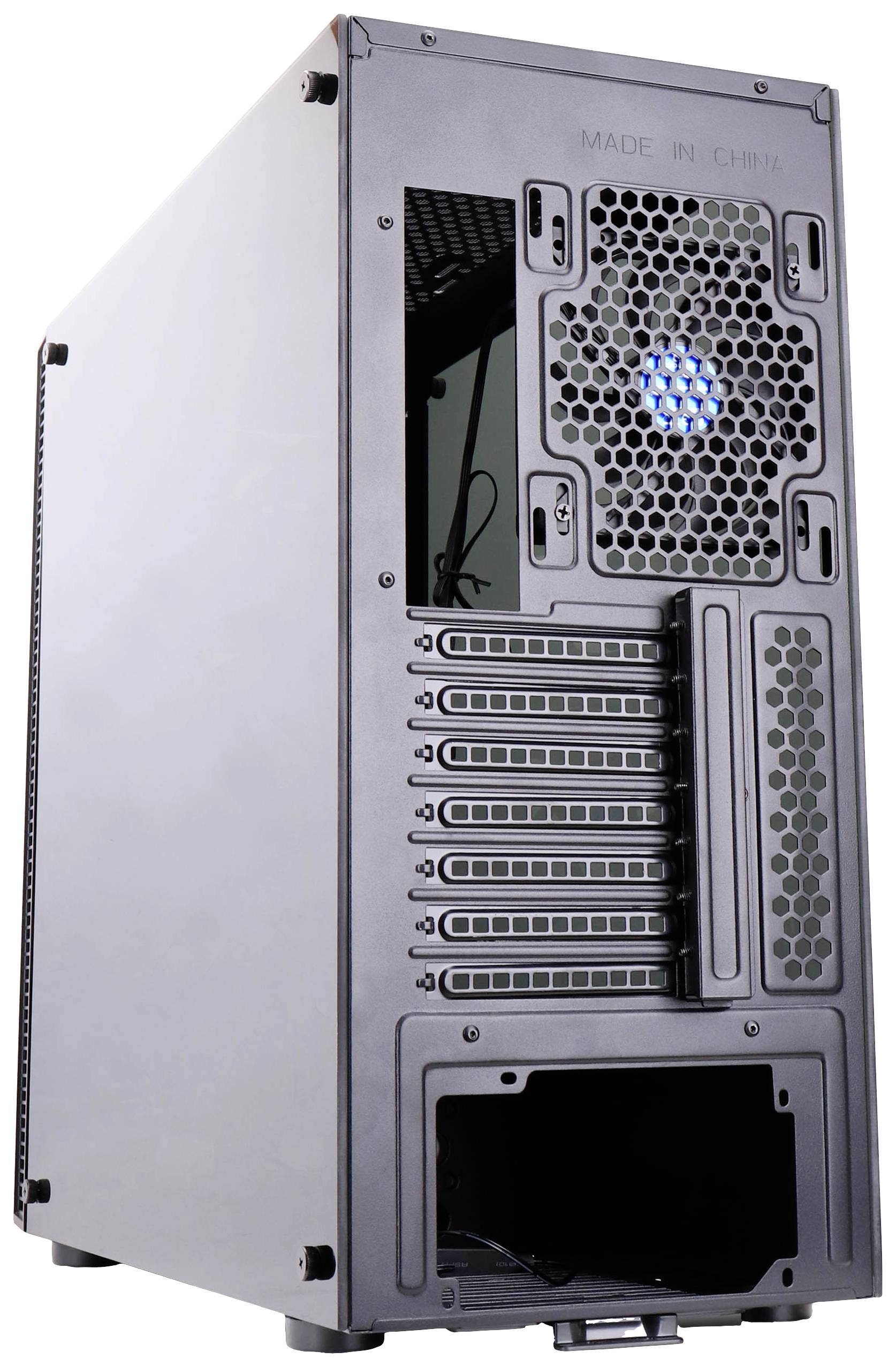 Zwart computerbehuizing met meerdere ventilatiesleuven aan de achterkant. Verlichte ventilator bovenaan, behuizing open voor hardware-installatie.