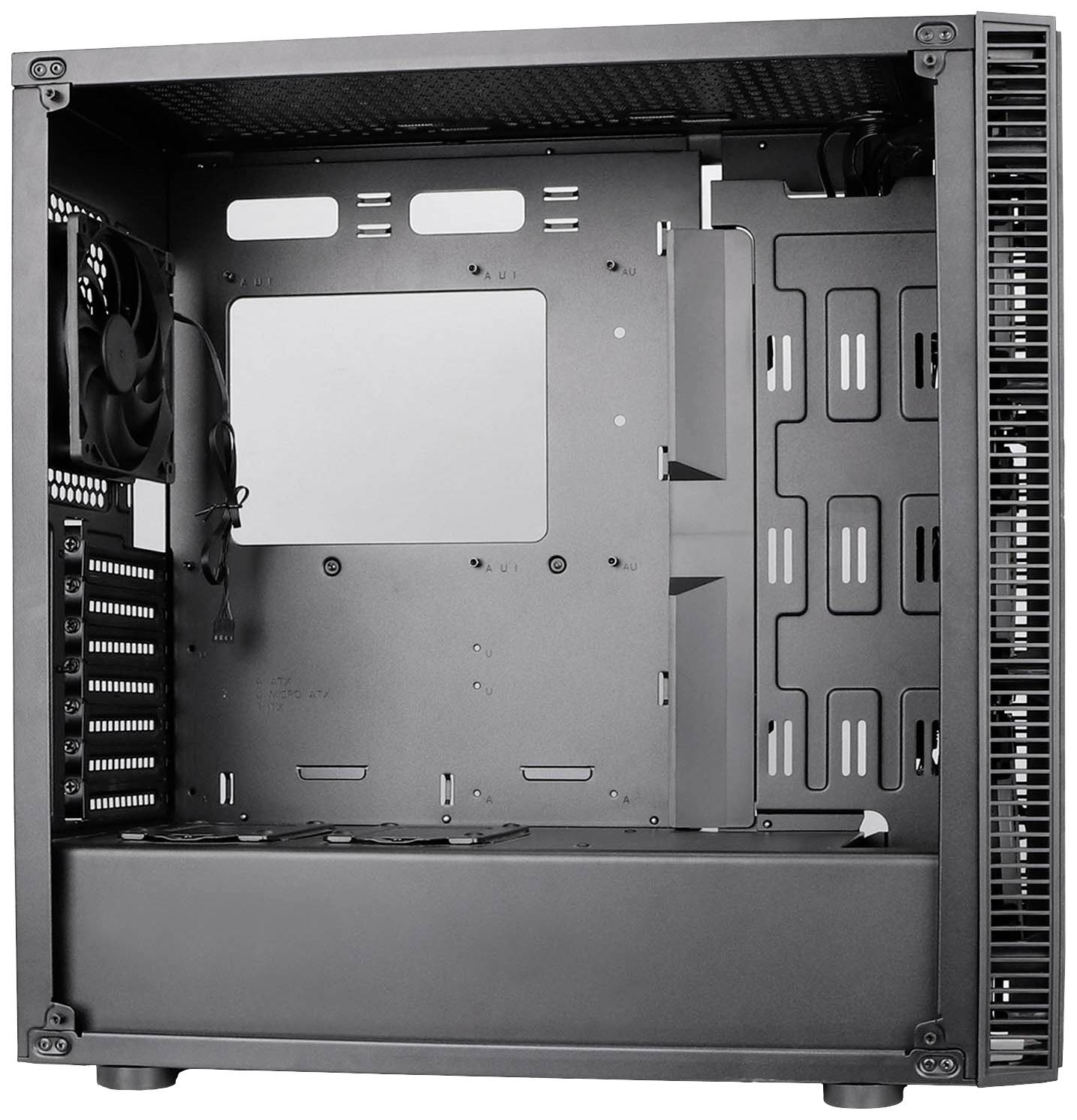 Een open computerbehuizing zonder ingebouwde componenten, gefotografeerd van opzij. Het beschikt over meerdere ventilatoren en montagerails.