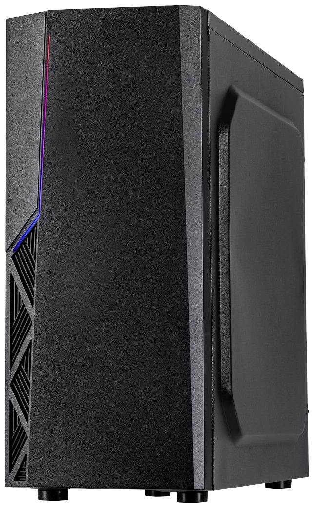 Zwart computerbehuizing met minimalistisch design, zijaanzicht. Bevat ventilatiesleuven en subtiele LED-indicatoren aan de voorkant.