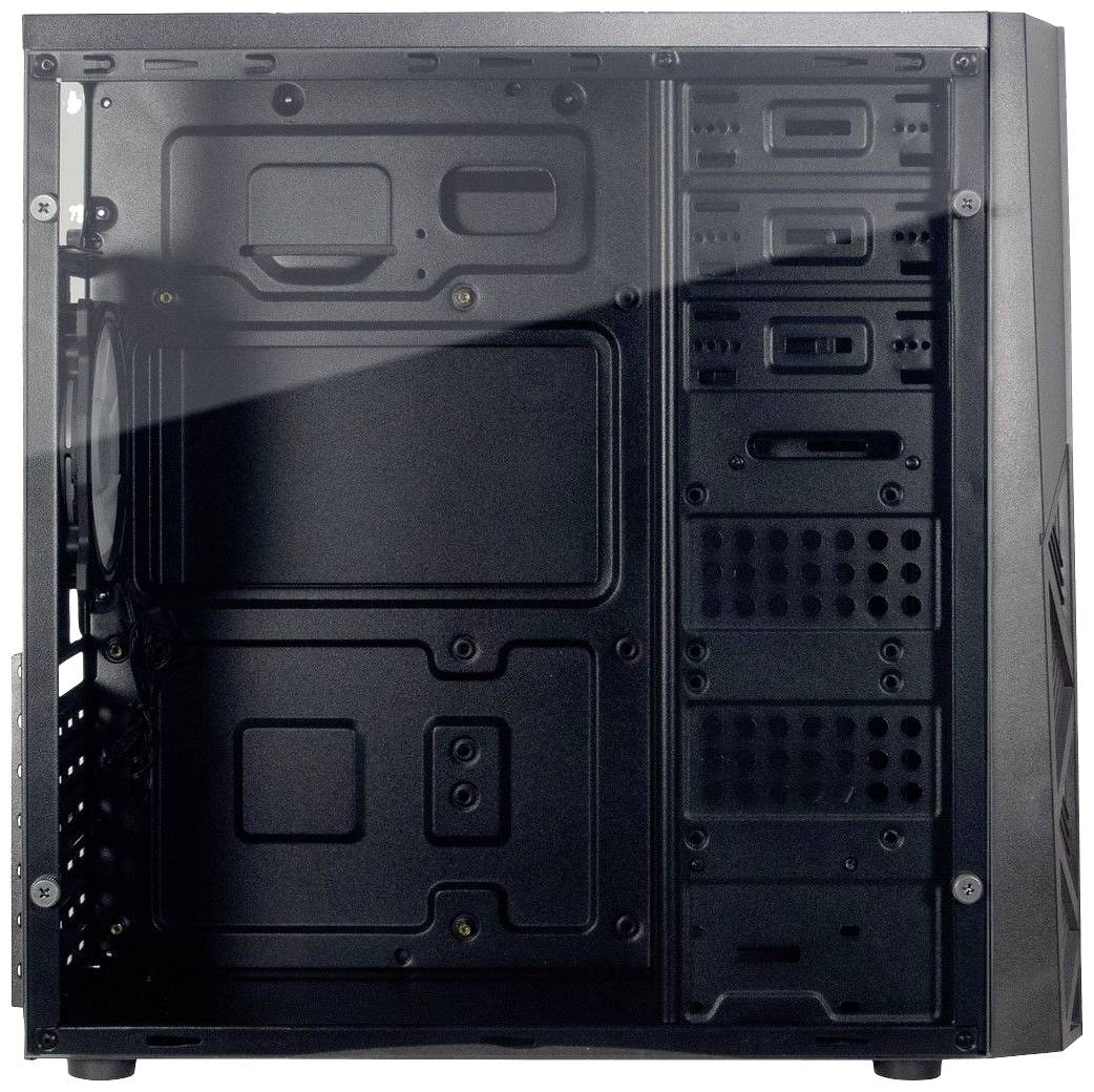 Een zwart computerbehuizing zonder componenten met zichtbare schijfsleuven en een transparante glazen zijwand.