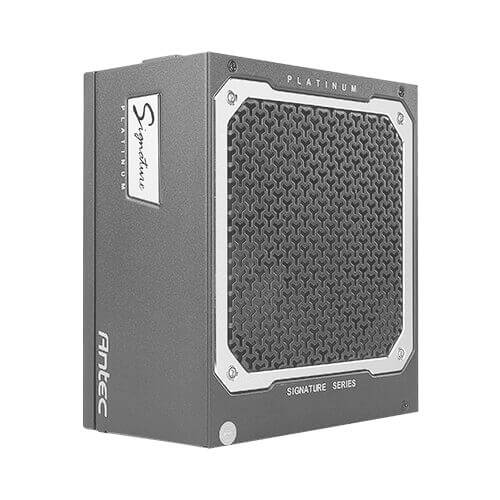 Een grijs-zwarte computer-voeding uit de "Signature Series" van Antec met het opschrift 'Platinum'.