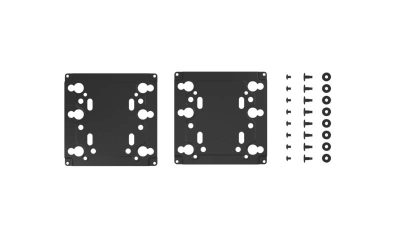 Twee zwarte metalen platen met verschillende gatenconfiguraties, rechts daarnaast een rij schroeven en sluitringen.