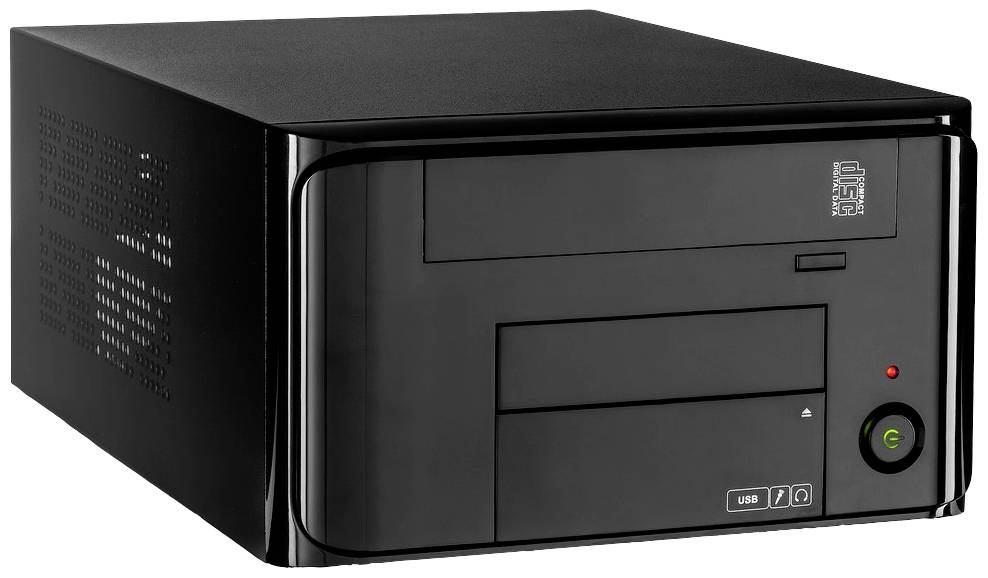 Een zwarte desktop computerbehuizing met USB- en audio-aansluitingen aan de voorkant.