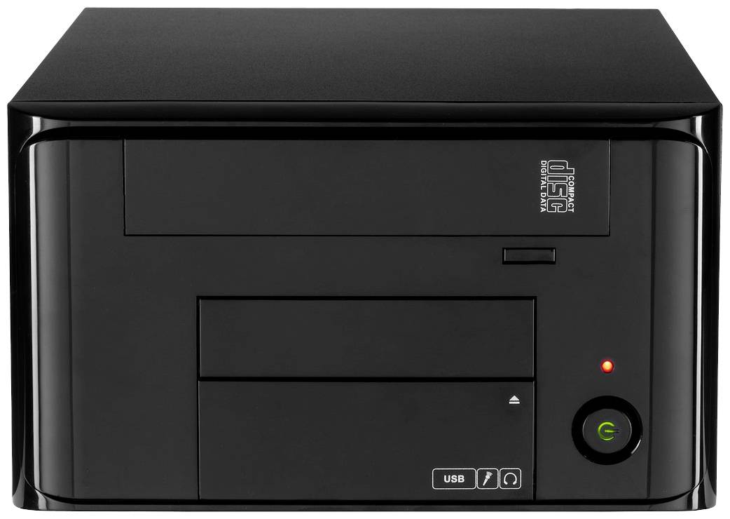Zwarte desktop-computer met zichtbare USB-poorten en aan/uit-knop aan de voorkant. LED-indicatie brandt rood.