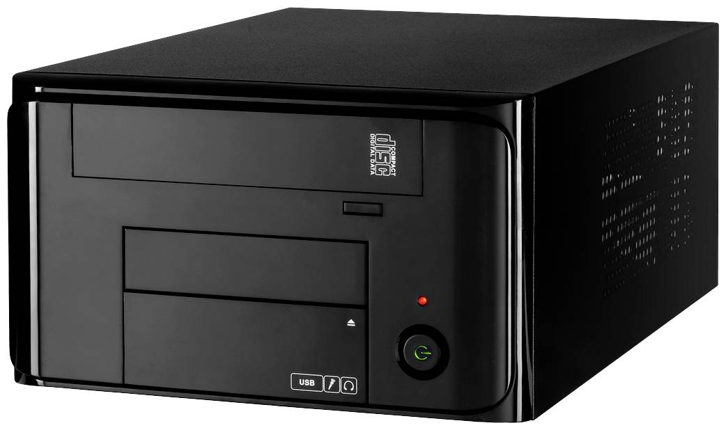Zwarte desktop-computer met USB-poorten aan de voorkant, groene aan-/uitknop en klein logo bovenaan.