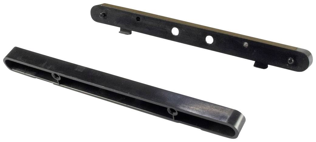 Twee zwarte metalen onderdelen met gaten en gleuven; bovenaanzicht toont ronde openingen, onderaanzicht toont langwerpige oog.