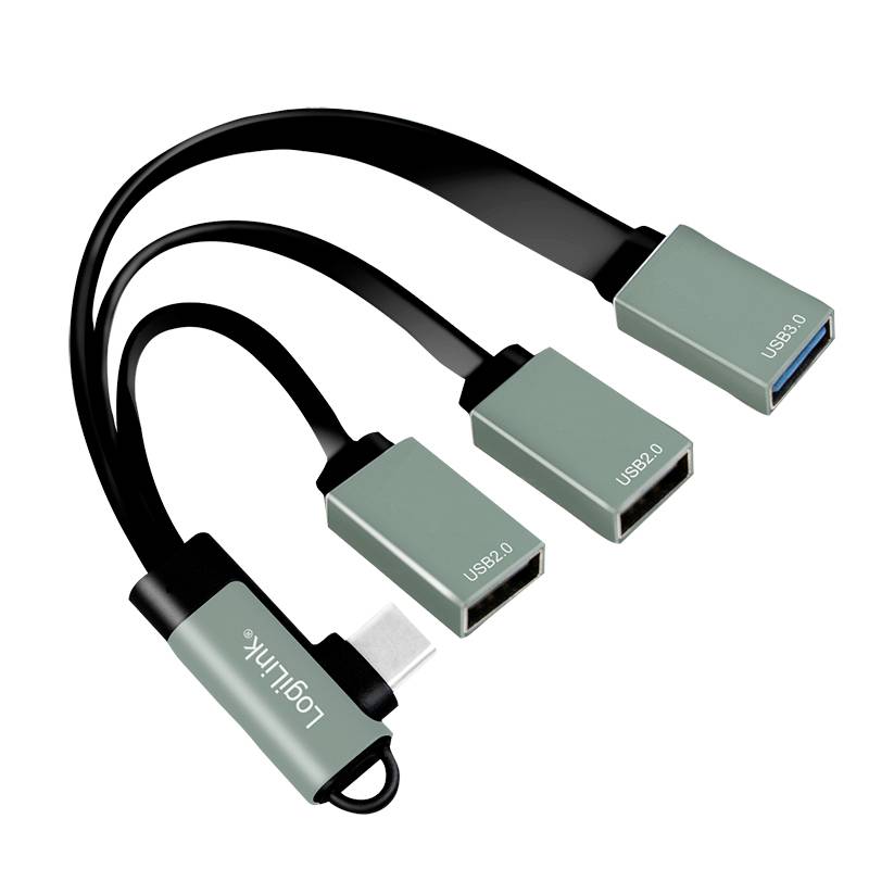 Adapter met USB-C-aansluiting en drie uitgangen: twee USB 2.0 en een USB 3.0. Gebruik: Breidt aansluitingsmogelijkheden uit.
