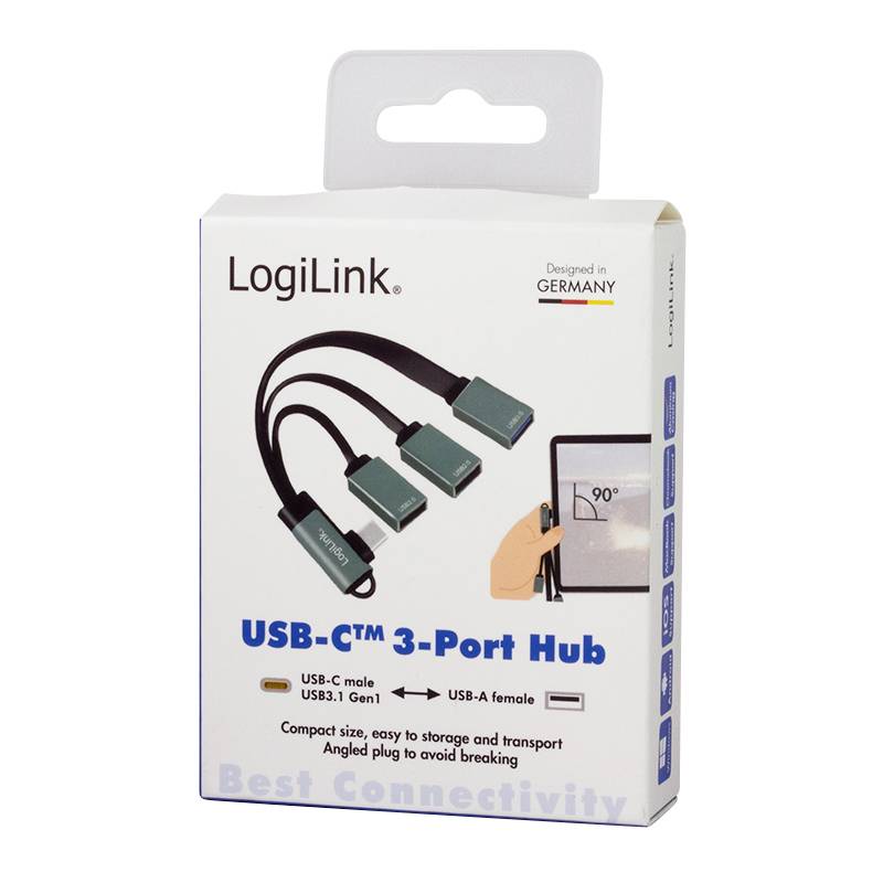 Een verpakking met het opschrift 'LogiLink USB-C 3-Poorts Hub', toont een productafbeelding met drie aansluitingen, ontworpen in Duitsland.