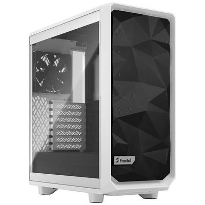 Een wit computerbehuizing van het merk Fractal met een zwart mesh-frontpaneel en een transparant zijpaneel, ontworpen voor een betere ventilatie.