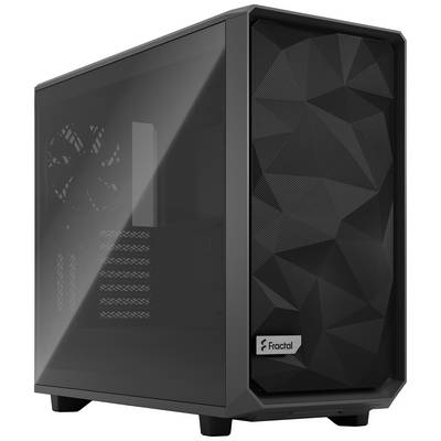 Zwarte computertoren met een geometrisch patroon op de voorkant, een transparante zijpaneel en ventilatoren aan de binnenkant.