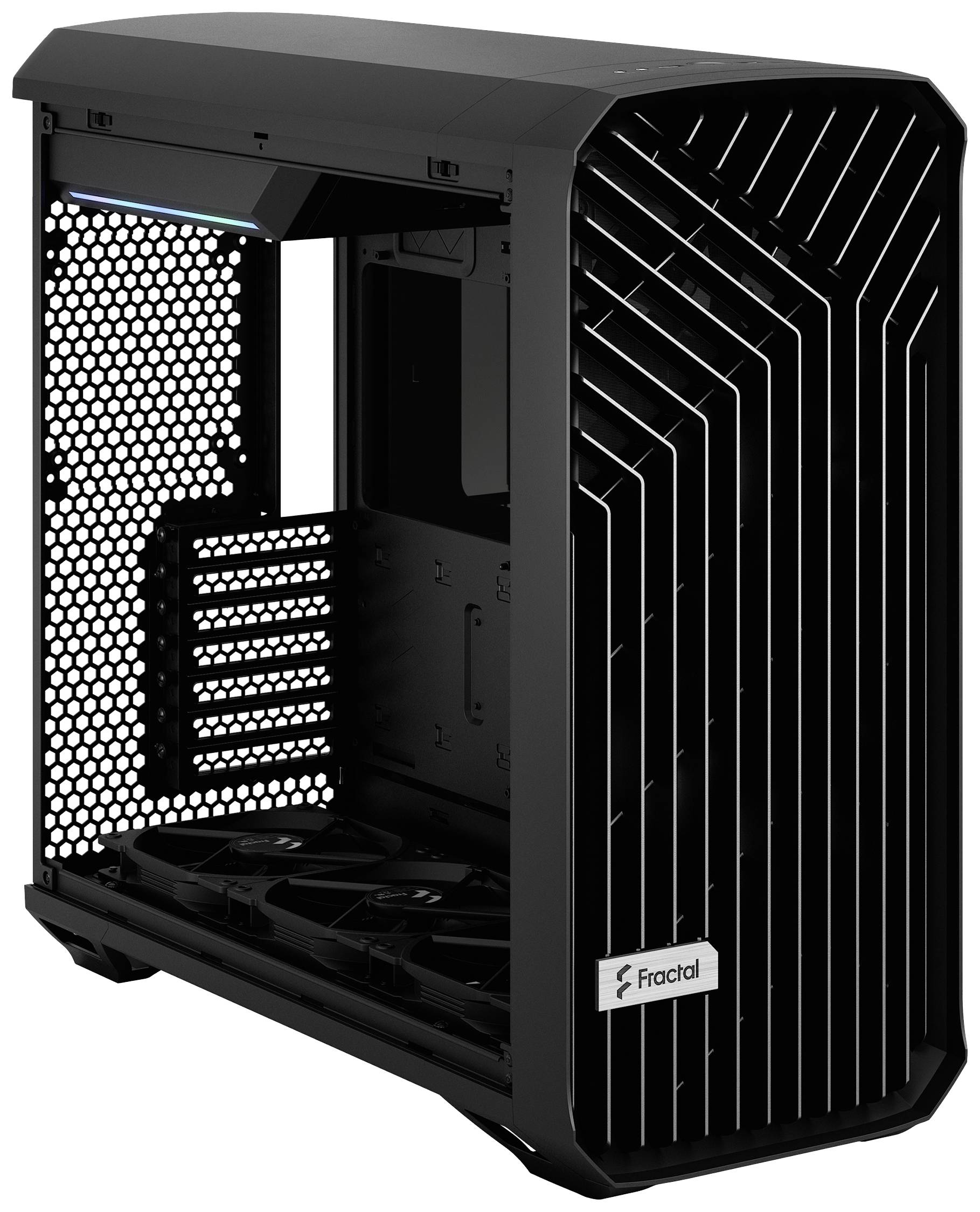 Zwart computerbehuizing van Fractal, zijkant open, toont binnenruimte en ventilatierooster.
