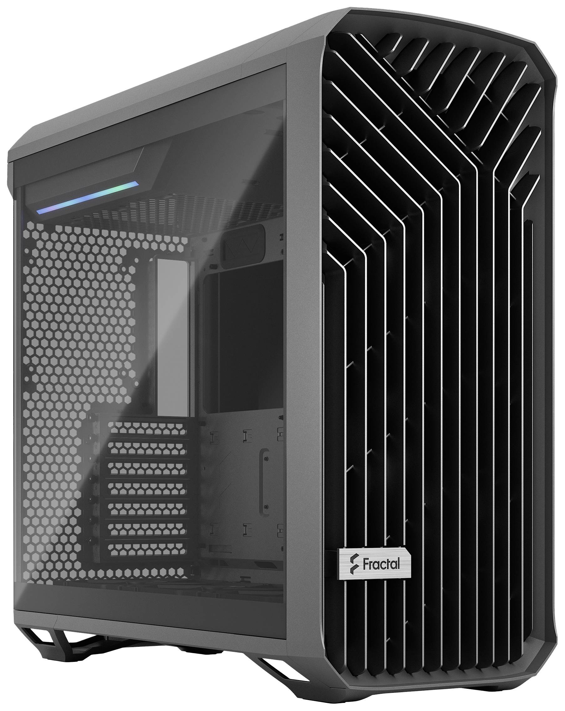 Computerbehuizing van glas en metaal met een groot ventilatierooster en een transparant zijpaneel. Het merk 'Fractal' is herkenbaar.