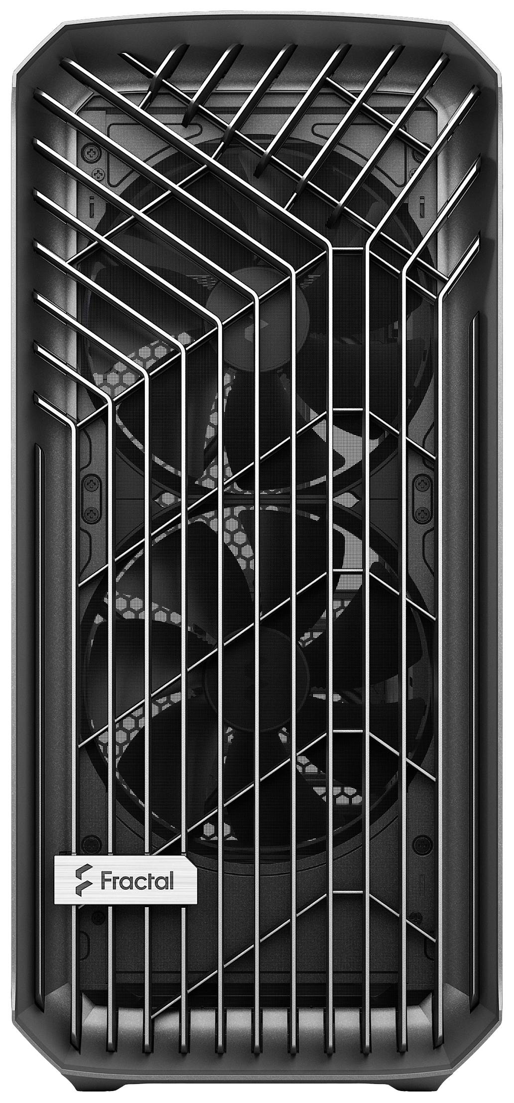 Een elegant computerbehuizing met zwarte ventilatierooster, waarop twee grote ventilatoren voor koeling te zien zijn, met een 'Fractal'-logo onderaan.