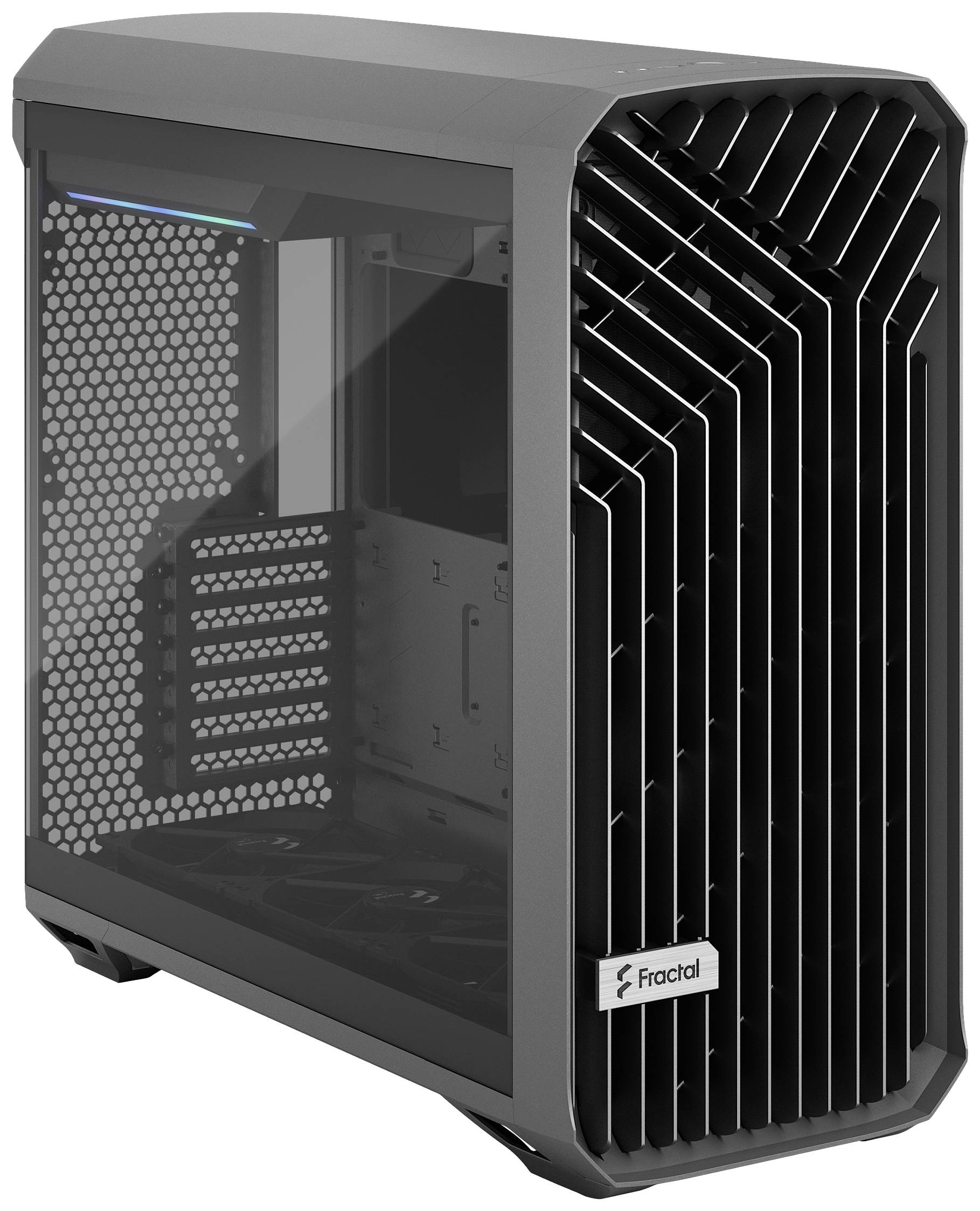 Zwart, modern pc-behuizing met grote ventilatiesleuven en een transparant zijraam.