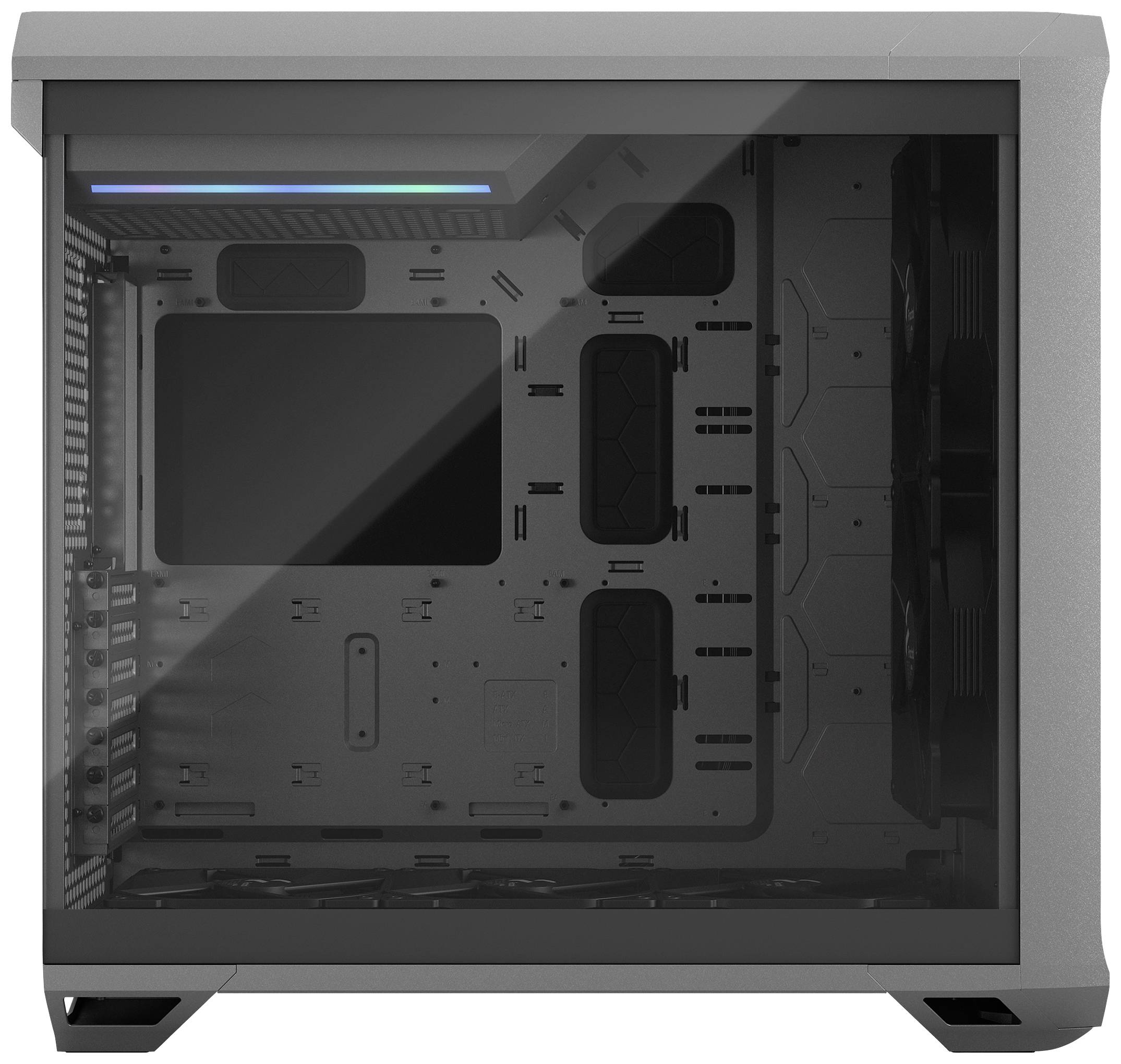 Grijs-zwarte computerbehuizing met transparant raam. Binnenruimte leeg, geschikt voor uitbreidbare pc-componenten.