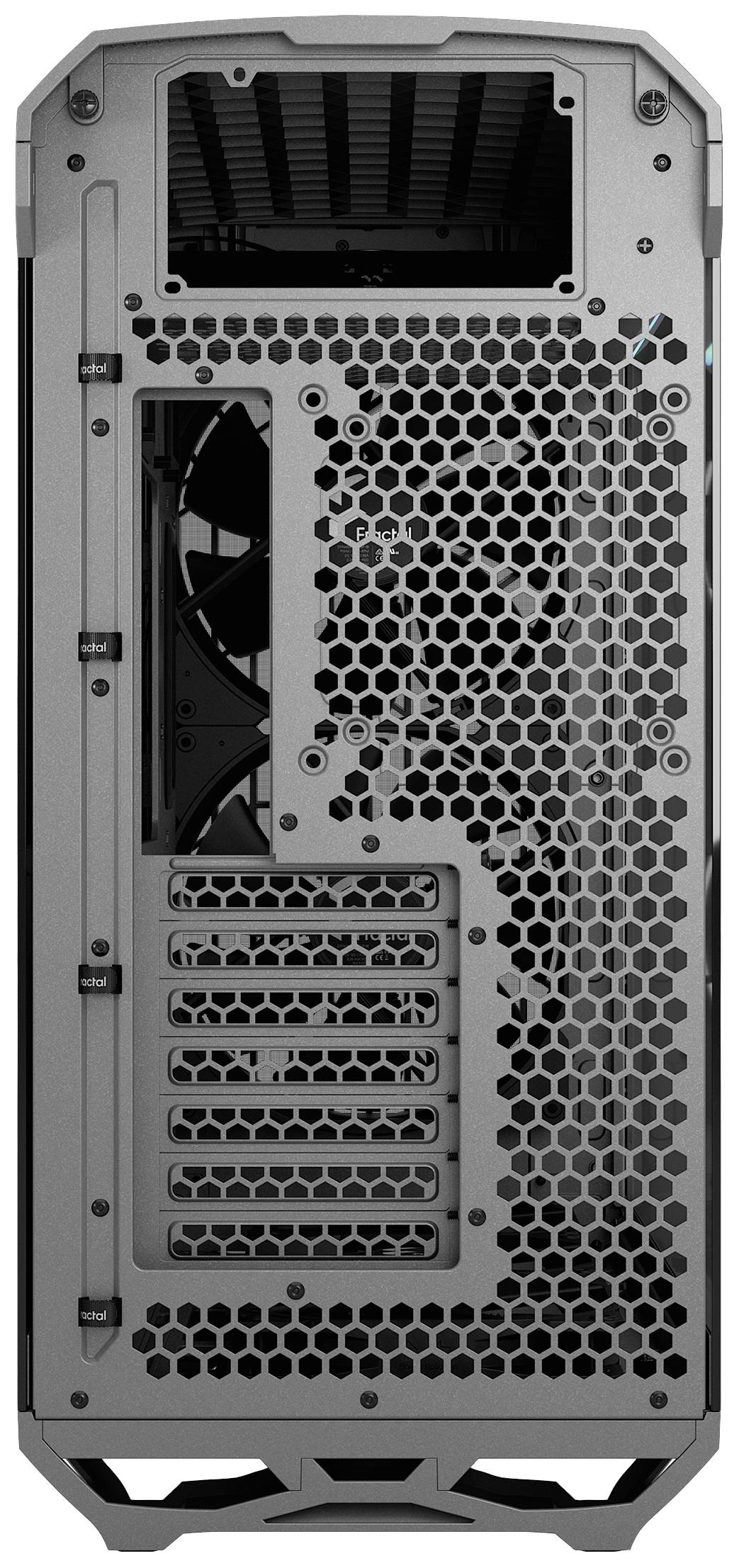 Achterkant van een computerbehuizing met ventilatierooster en uitbreidingskaartssleuven. Bovenaan en onderaan ventilatiegaten.