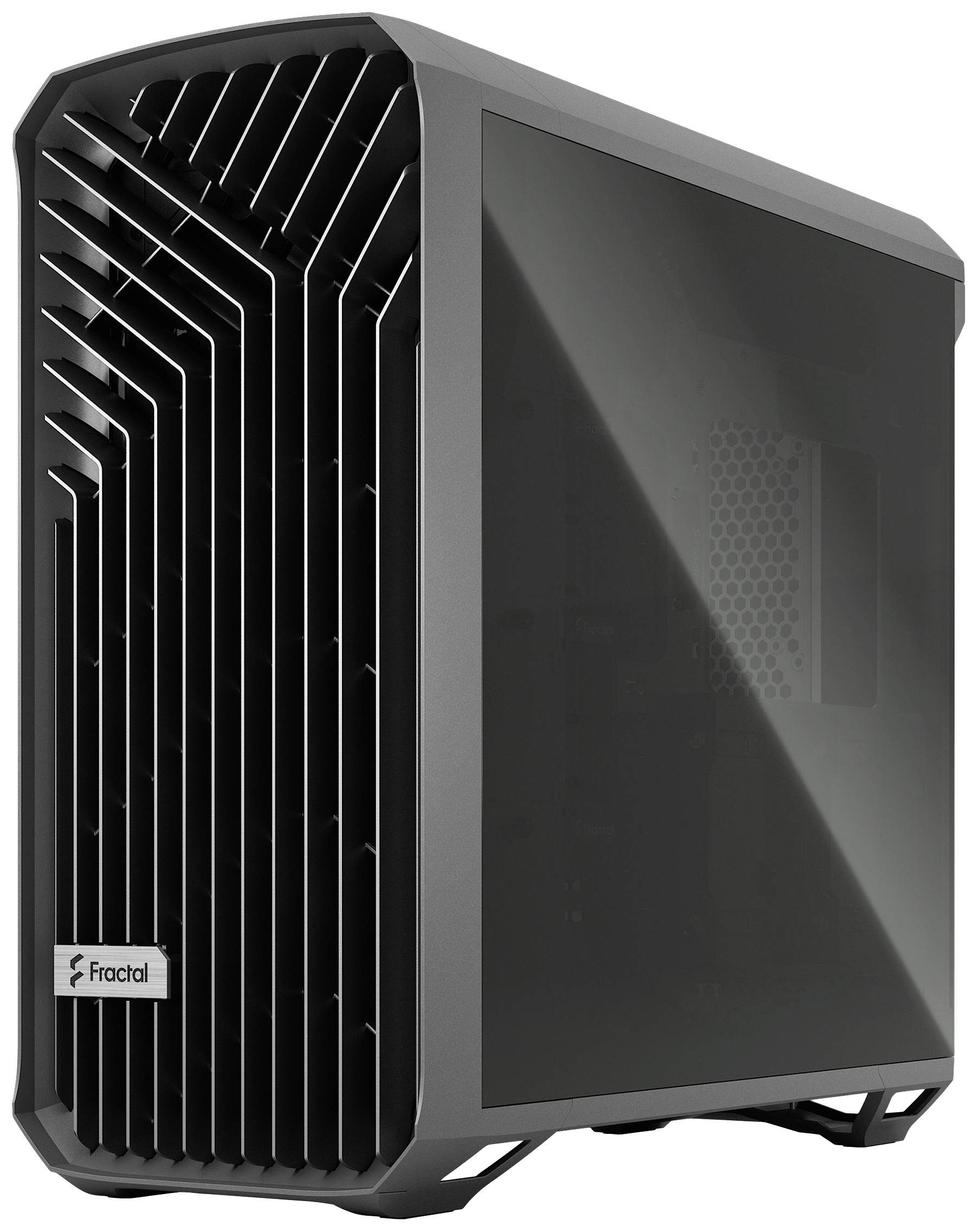 Zwart computerbehuizing met opvallend rasterpatroon aan de voorzijde en transparant zijpaneel, merk 'Fractal'.