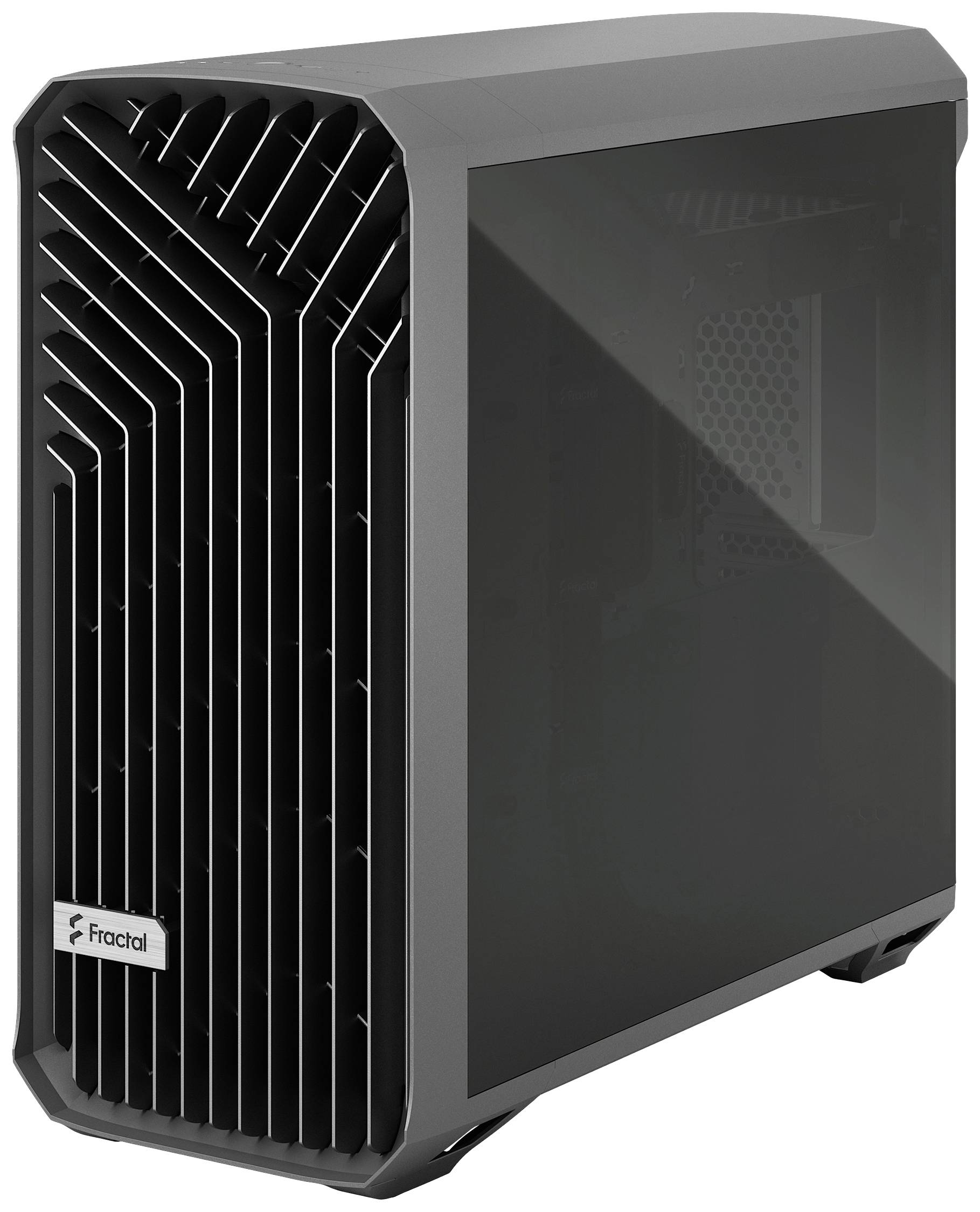 Een zwarte computerbehuizing met een opvallende geometrische frontpaneel en een transparant zijraam.