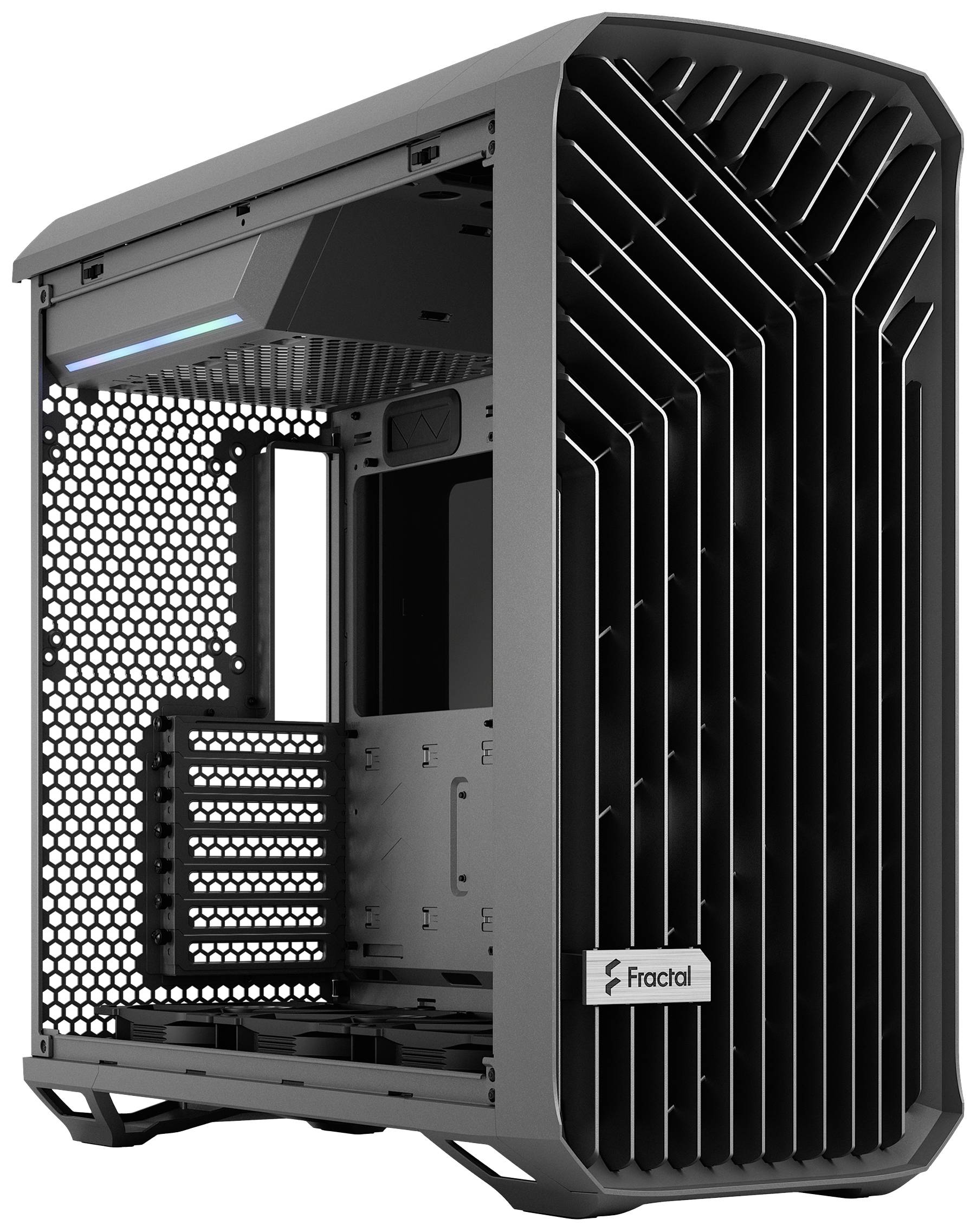 Zwart, open pc-behuizing van Fractal met opvallend frontontwerp en goede luchtstroom. Geschikt voor gaming- of werkcomputers.