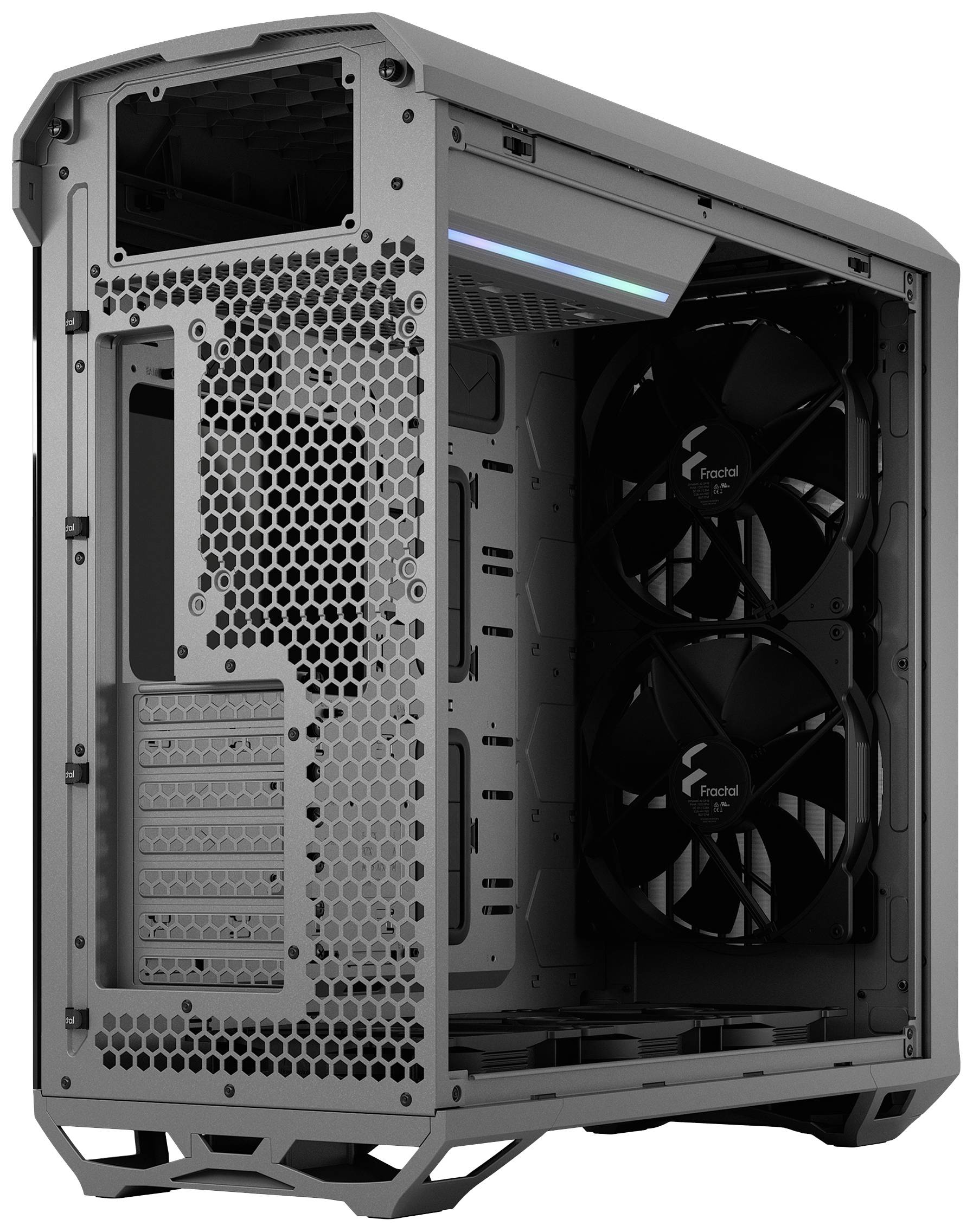 Zwart, open computerbehuizing met meerdere ventilatoren en modulaire opbouw. Geschikt voor pc-enthousiastelingen en doe-het-zelf-builds.