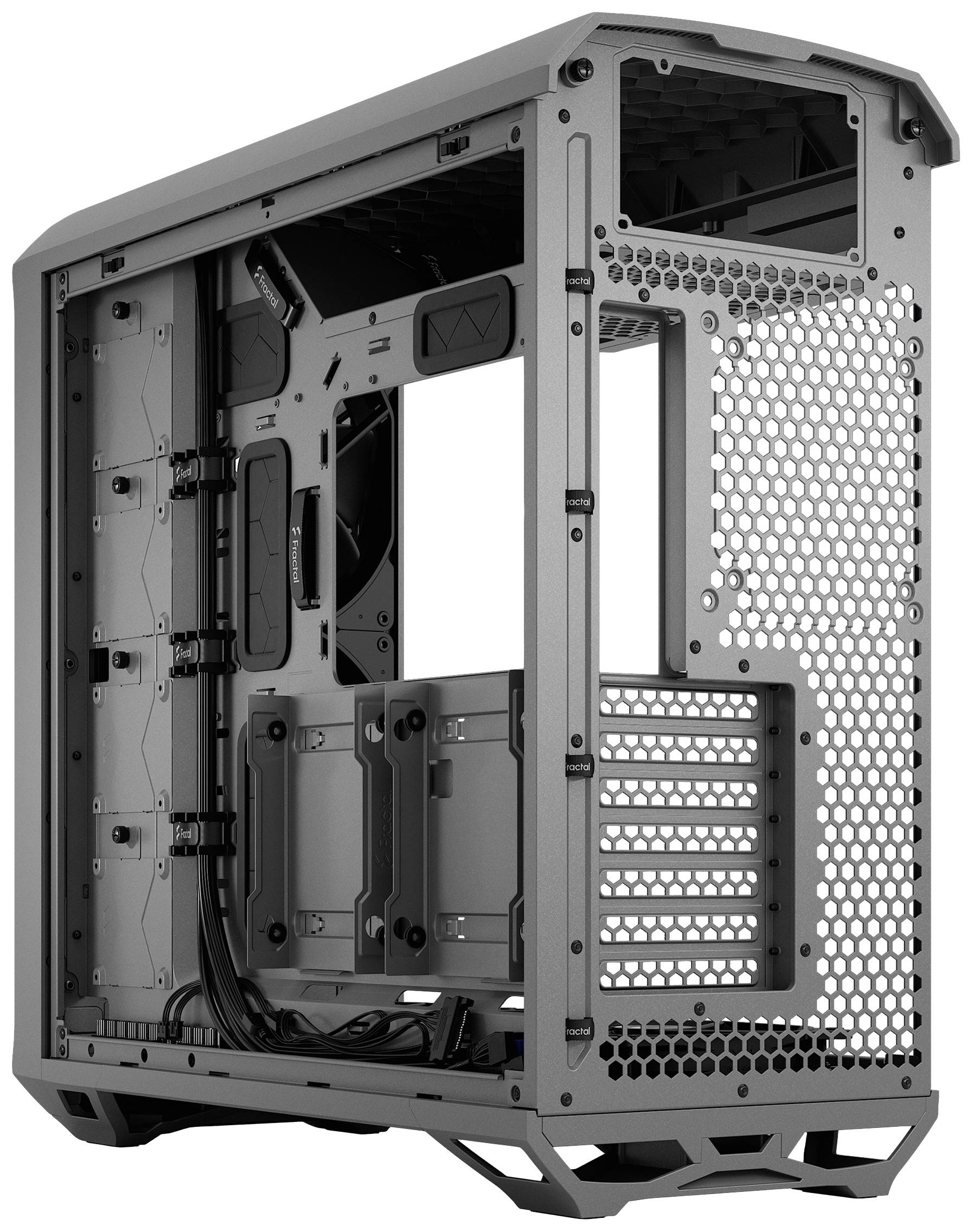 Een open computerbehuizing met zichtbare binnencompartimenten voor hardwareonderdelen, geschikt voor het samenstellen van een individuele pc.