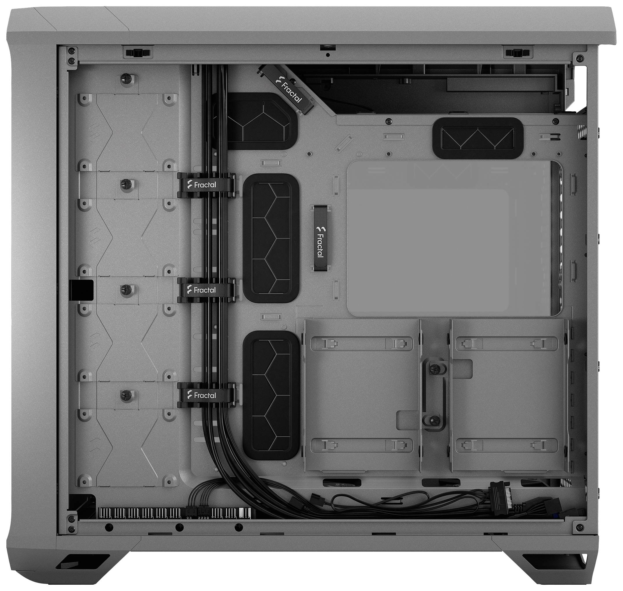 'Fractal Design' binnenkant van de behuizing zonder componenten, kabelbeheer met kabelbinders, zijaanzicht, grijze metalen behuizing, open.