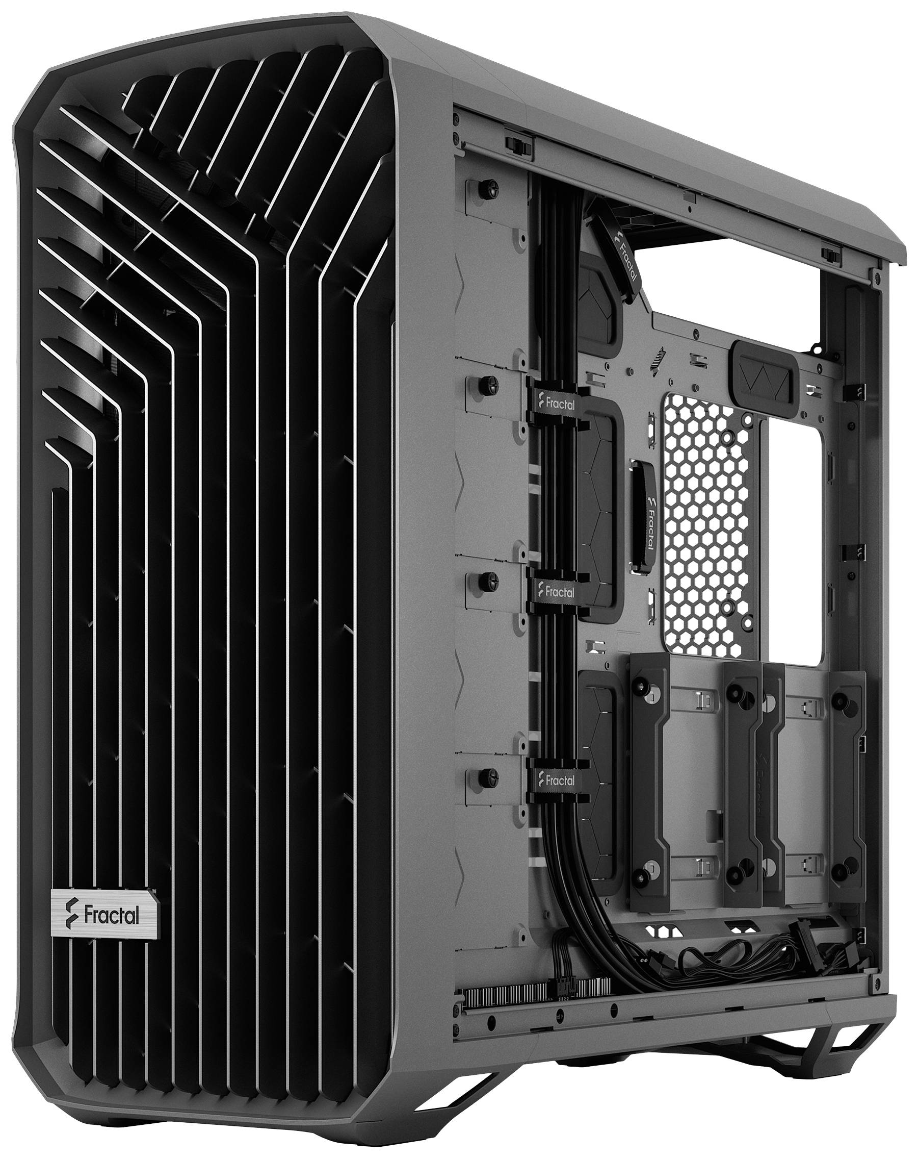 Behuizing van een computer-pc zonder zichtbare componenten, met open zijwand, toont kabelmanagement en ventilatierooster aan de voorkant.