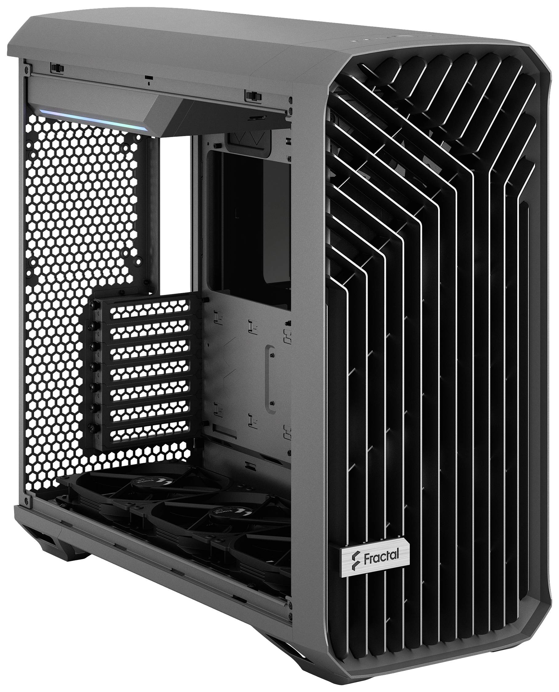 Zwart pc-behuizing met open zijpaneel. Toont ventilatorposities onderaan en frontrooster voor koeling.