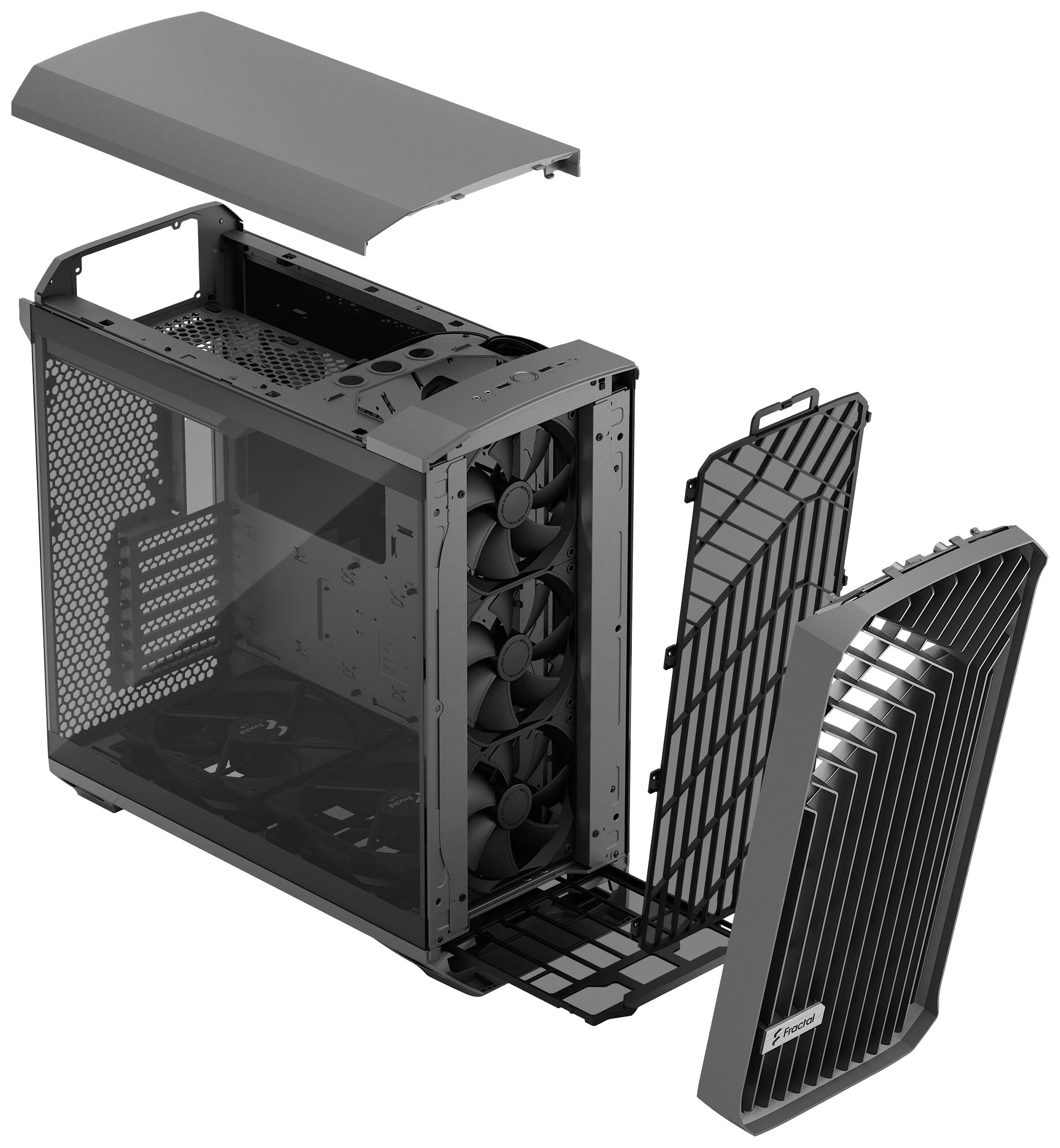 Computertoren in onderdelen: behuizing, voor- en achterpaneel en ventilatoren zichtbaar; toont de opbouw- en koelstructuur van een pc.