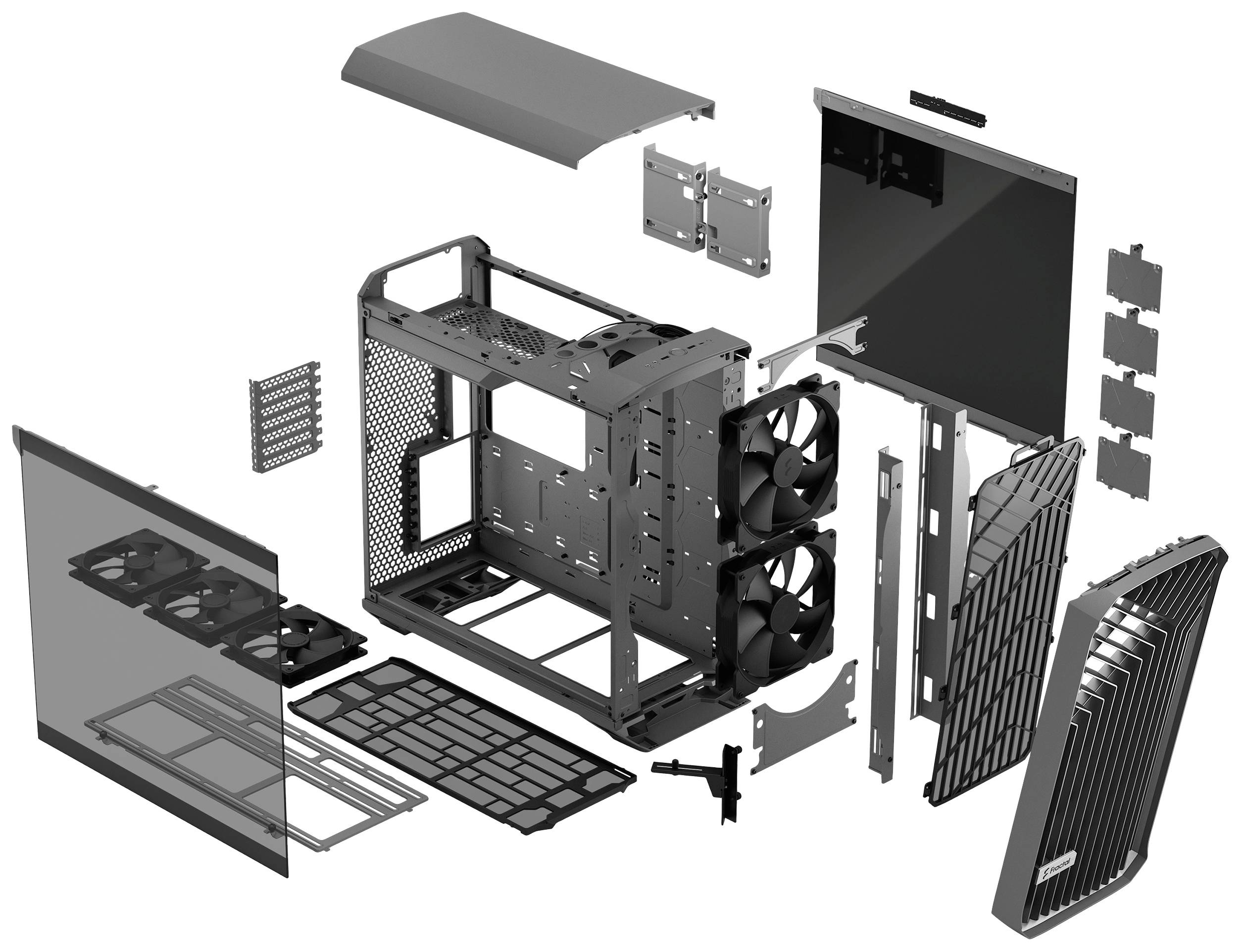 Gedemonteerde weergave van een computerbehuizing met zichtbare componenten zoals frame, ventilatoren, afdekplaten en roosters. Toont de afzonderlijke onderdelen in een explosietekening.