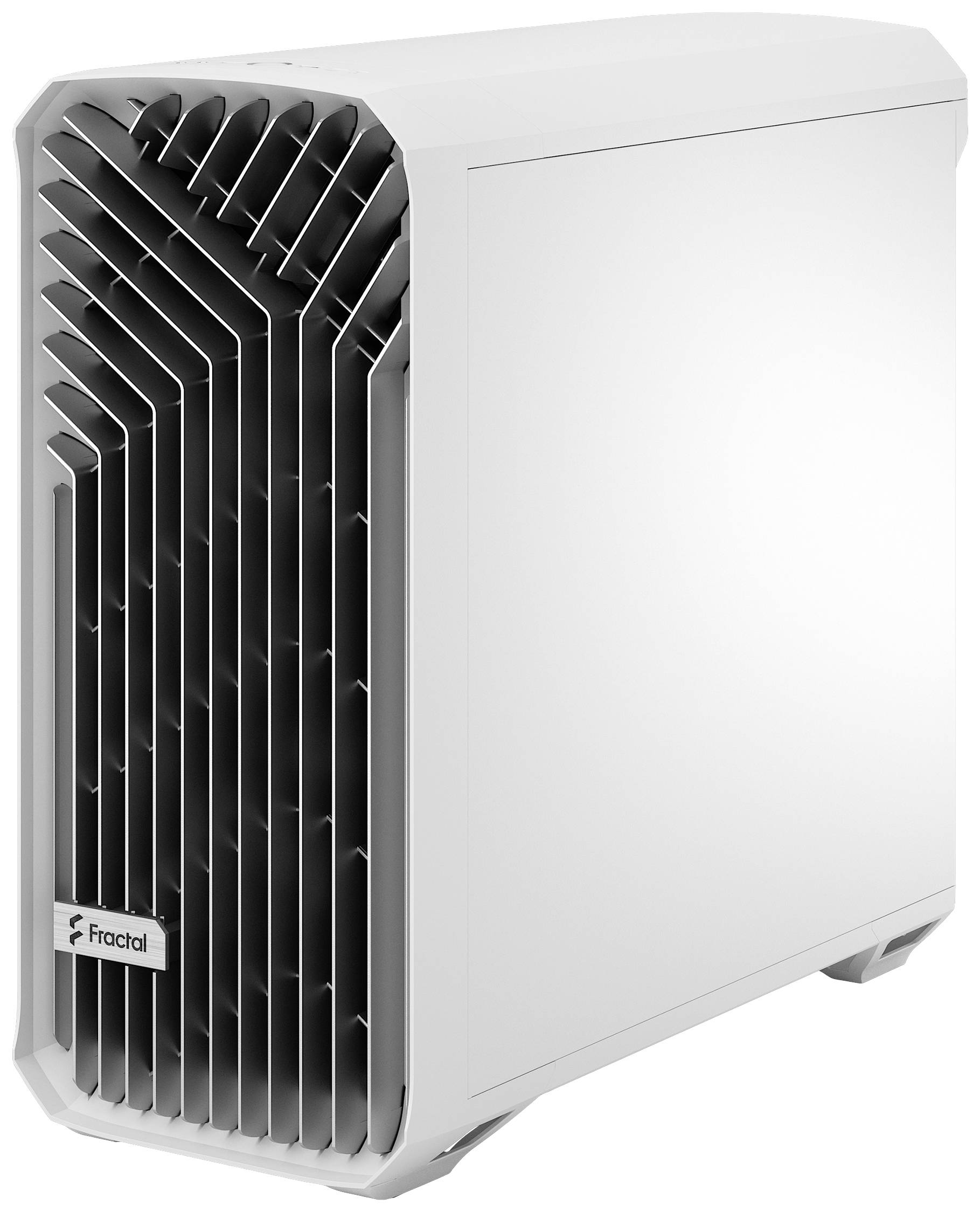 Grote, witte computerbehuizing met opvallende ventilatiesleuven aan de voorkant. Geschikt voor de assemblage van een desktopcomputer.