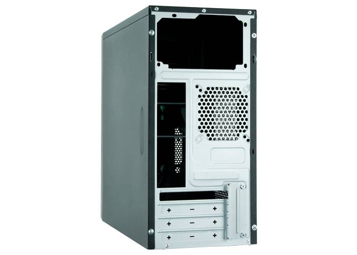 Achterkant van een computerbehuizing met een open sleuf voor de voeding, ventilatierooster en verschillende aansluitingen.