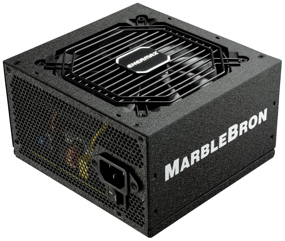 Een zwarte computervoeding van Enermax met een ventilatorrooster bovenaan en de tekst 'MARBLEBRON' aan de zijkant.