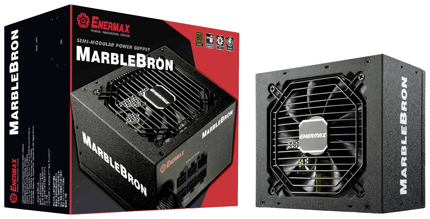 Een Enermax MarbleBron halfmodulaire voeding naast zijn verpakking, die het logo en de productnaam toont.
