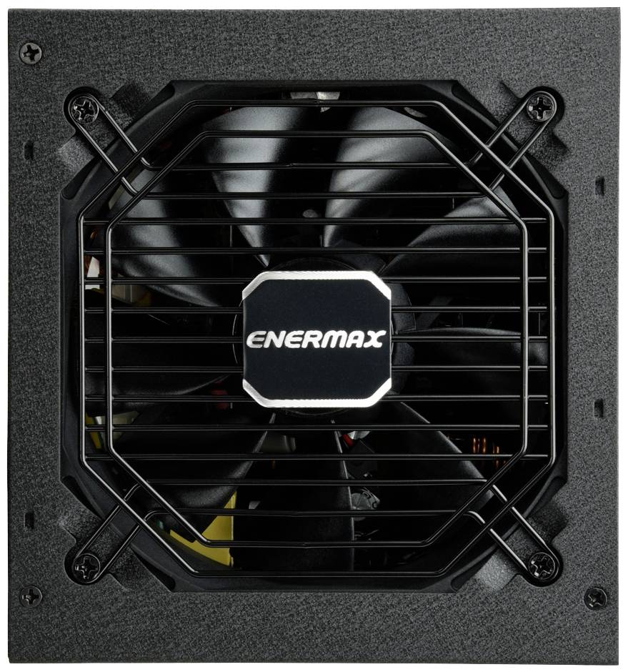Een zwarte pc-voeding met ventilator, gemarkeerd met 'Enermax'.