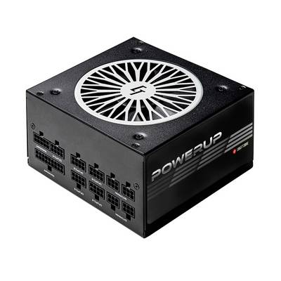 Zwart, modulair pc-voedingsapparaat met meerdere aansluitingen en een ventilator bovenop; opschrift 'Powerup' aan de zijkant.