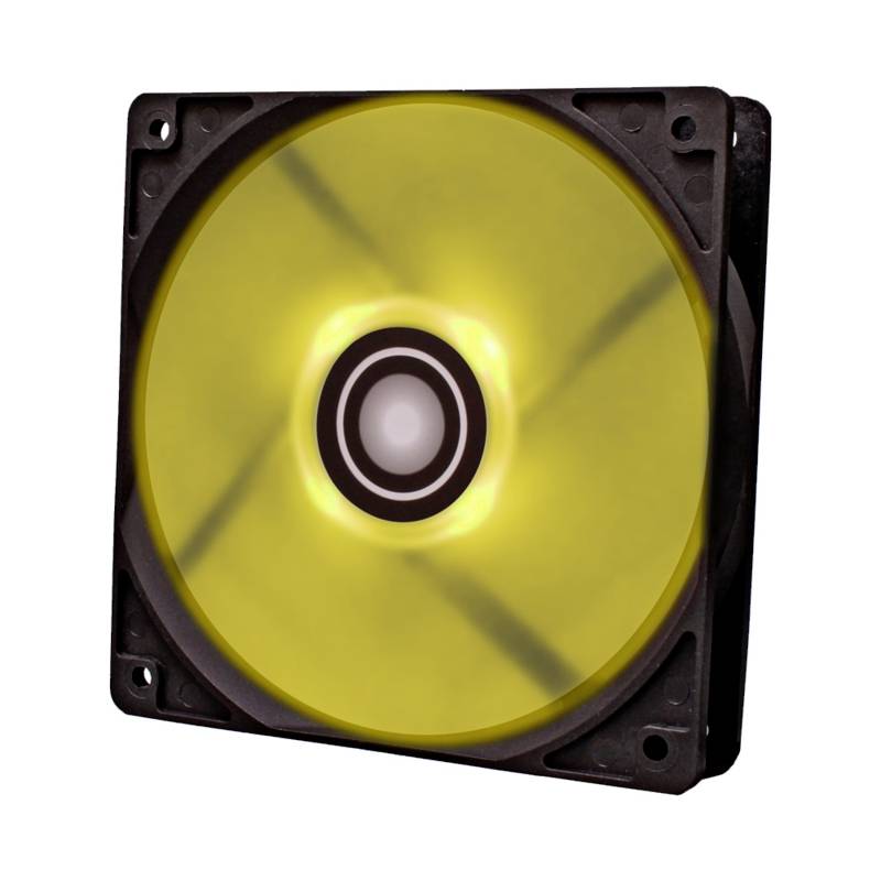 Een vierkante, zwarte computerventilator met geel oplichtende LED's aan de binnenkant.