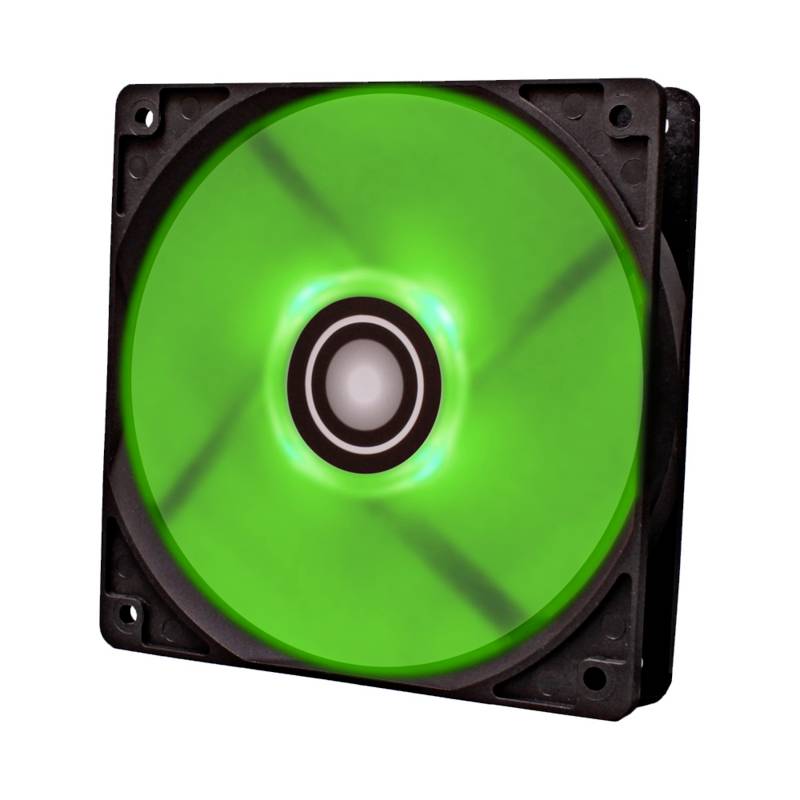 Een computerventilator met groen LED-licht, gemonteerd in een zwart frame.