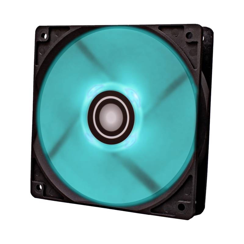 Een vierkante computerventilator met helder blauw LED-licht. De ventilator heeft een centraal cirkelvormig patroon en een zwarte omlijsting.