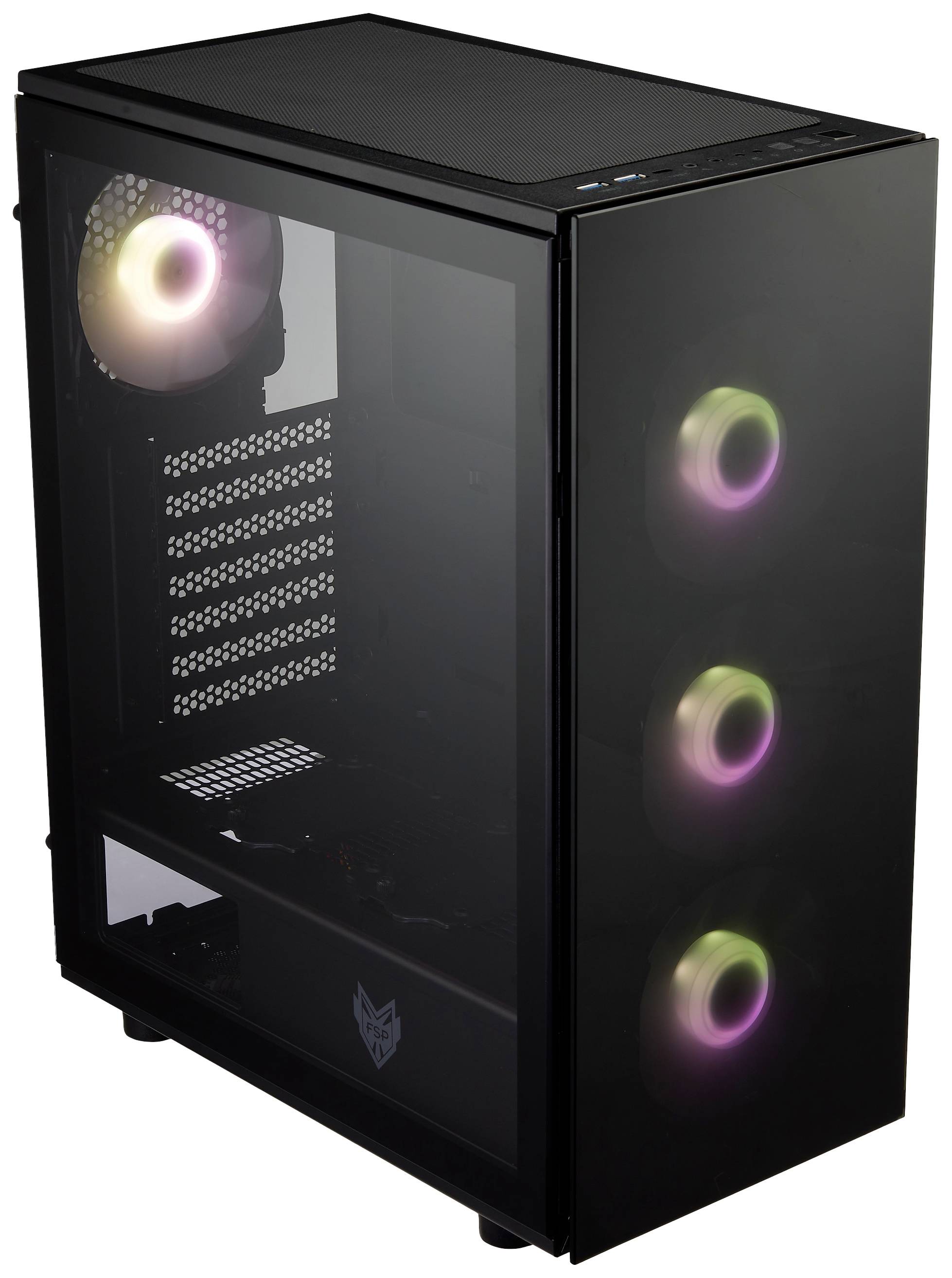 Zwart pc-behuizing met glazen voorkant, drie RGB-ventilatoren aan de voorzijde en één aan de achterkant. Verlichting zichtbaar in meerdere kleuren.