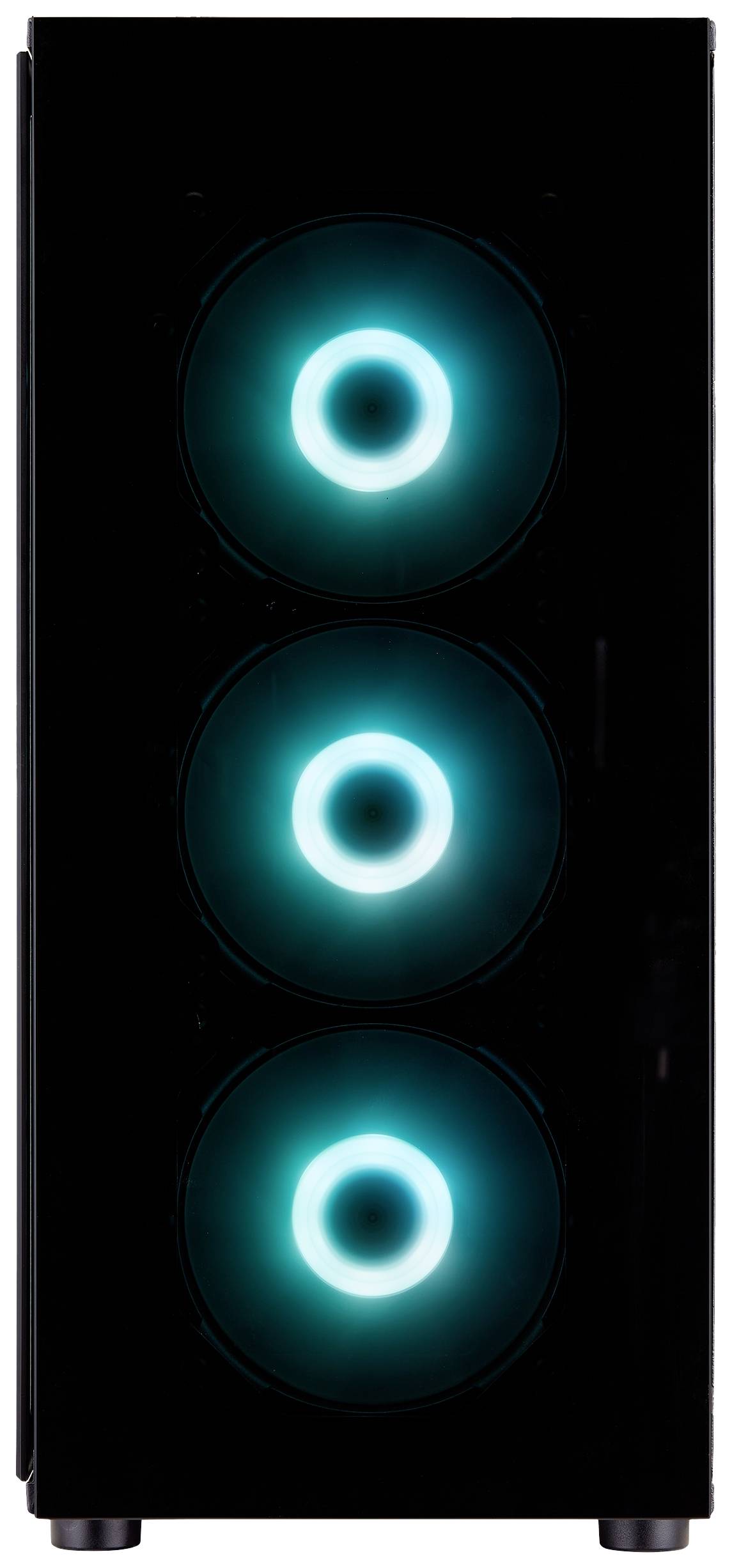 Een zwarte computerbehuizing met drie verticaal geplaatste blauwe LED-ventilatoren die oplichten.