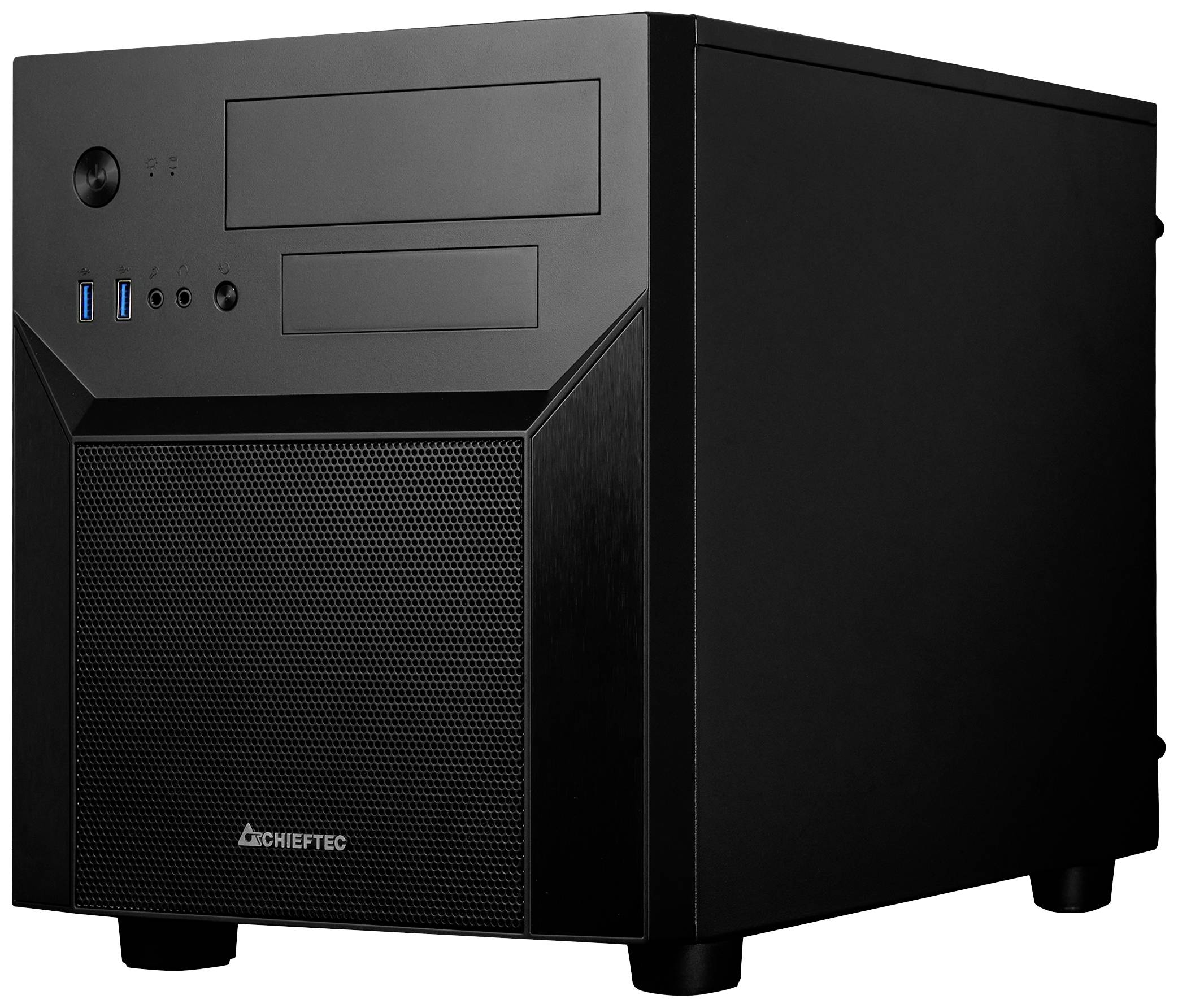 Een zwart desktop computerbehuizing met USB-aansluitingen en ventilatierooster aan de voorkant. Het staat op een wit oppervlak.