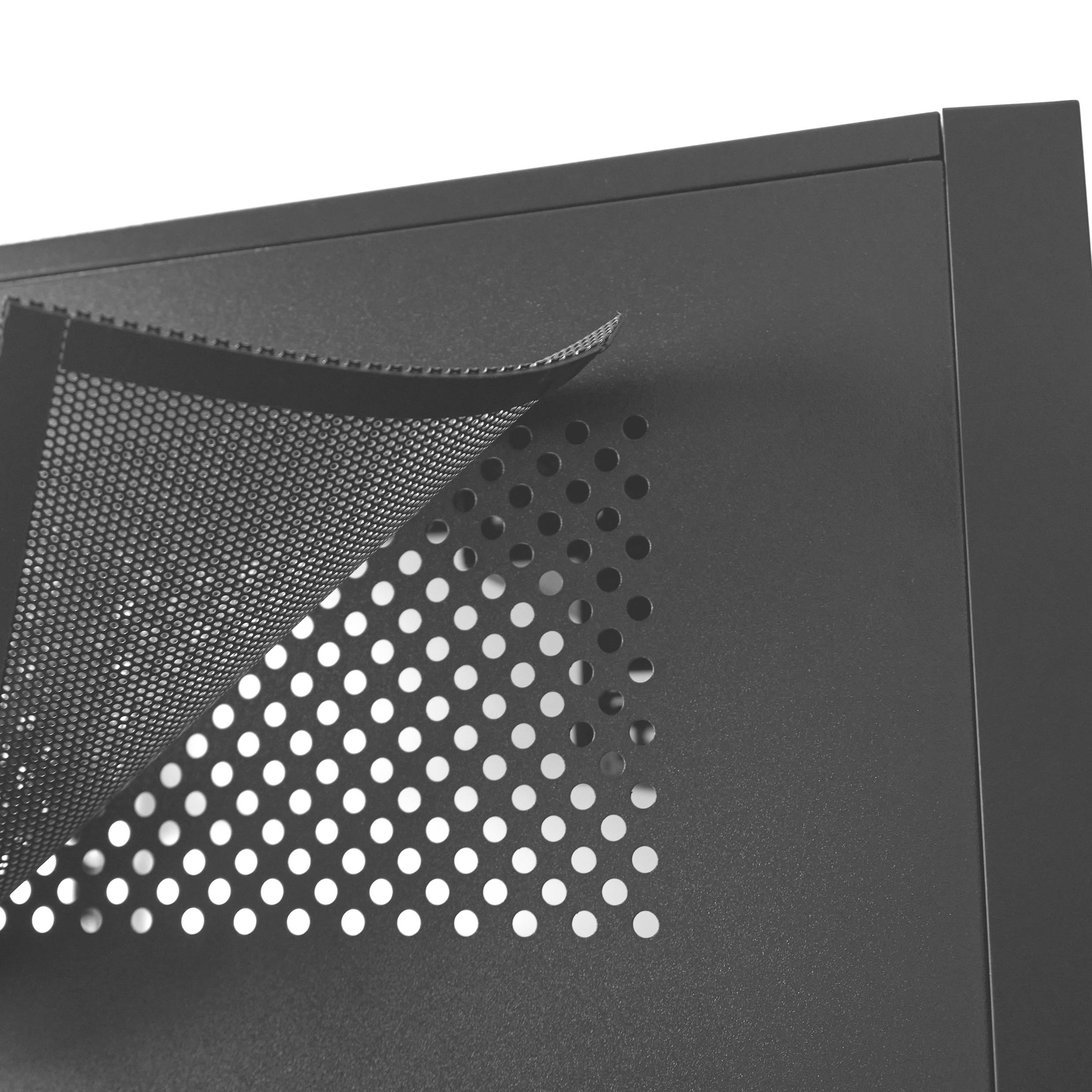 Een gedetailleerde foto van een computerbehuizing met een gedeeltelijk geopende, geperforeerde zijkant voor een betere ventilatie.