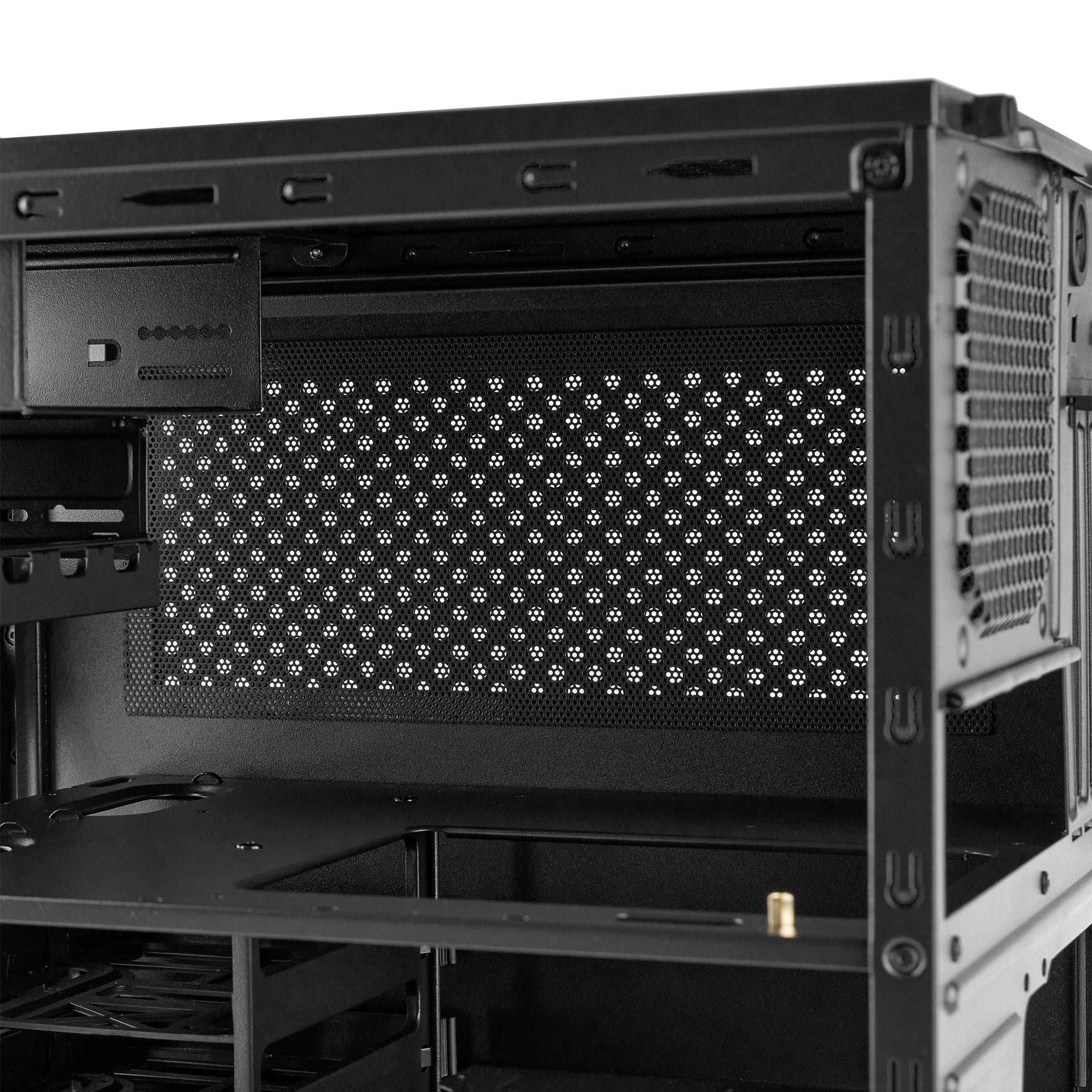 Binnenaanzicht van een leeg computerbehuizing met zichtbare schijfruimtes, ventilatieopeningen en ruimte voor het monteren van componenten.