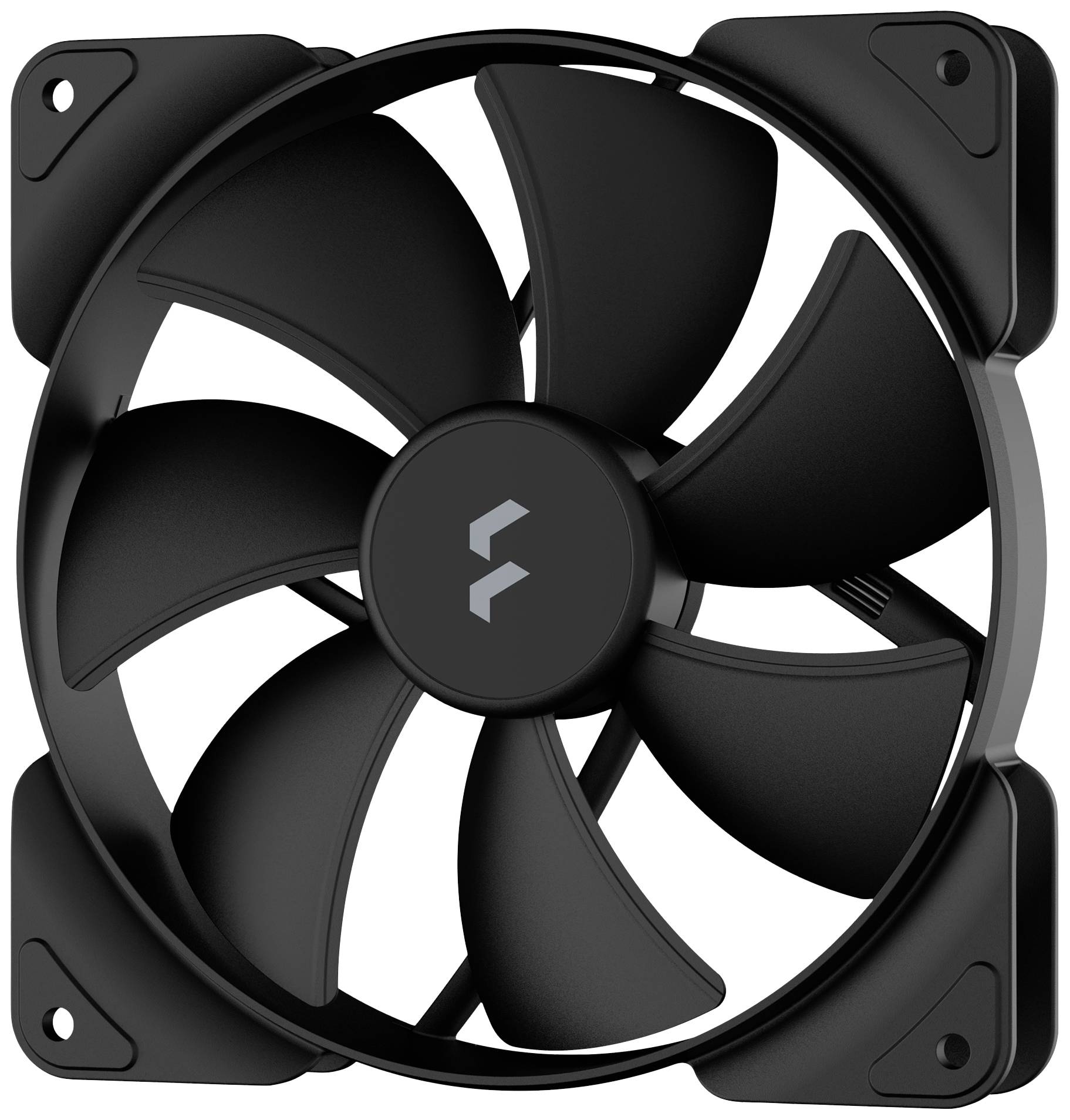 Zwarte computerventilator met vijf rotorbladen in een vierkant behuizing; geoptimaliseerd voor koeling en efficiënte ventilatie.