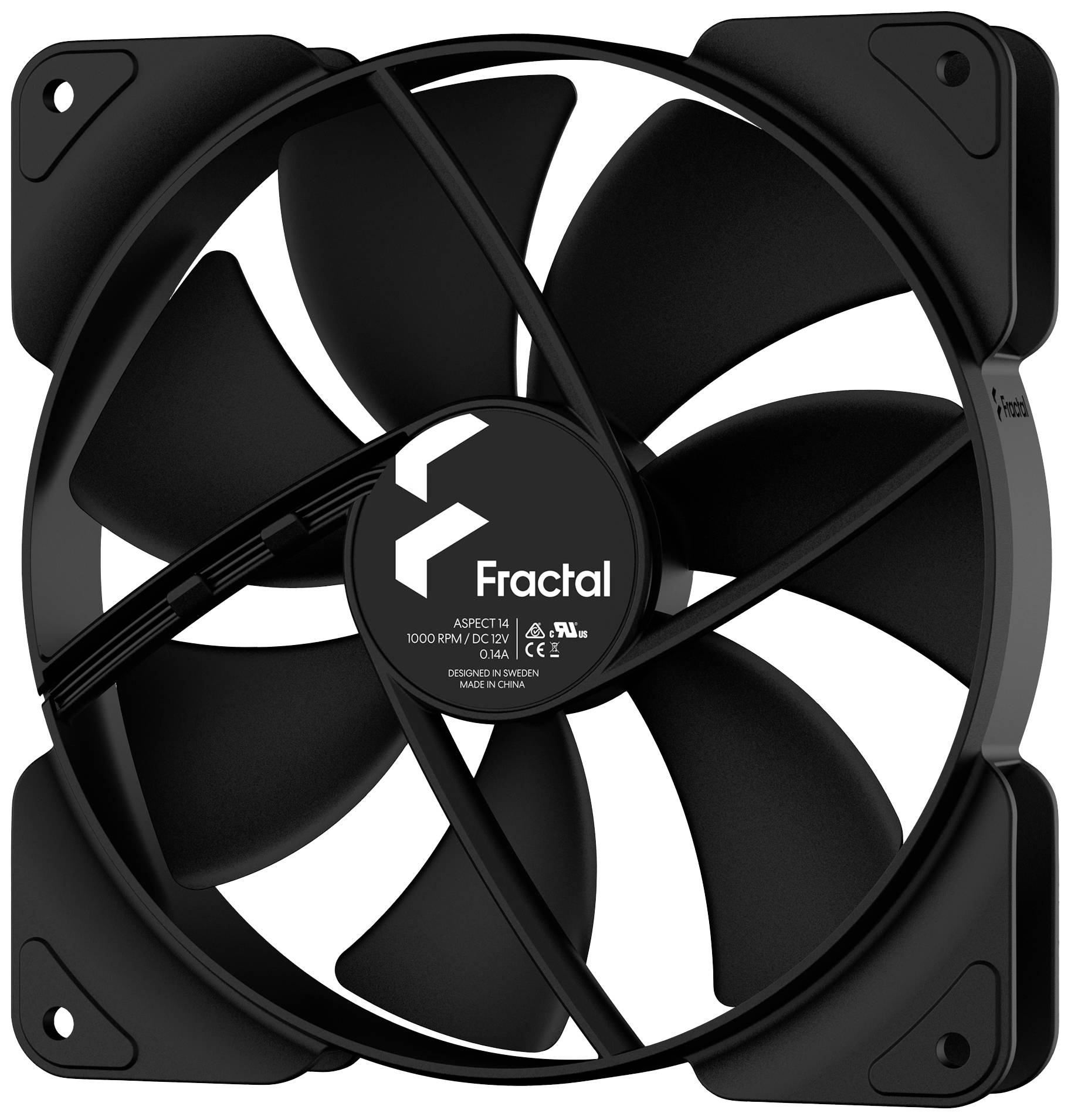 Een zwarte computerventilator met zes schoepen en merkopdruk in het midden, geschikt voor de koeling van elektronische apparaten.
