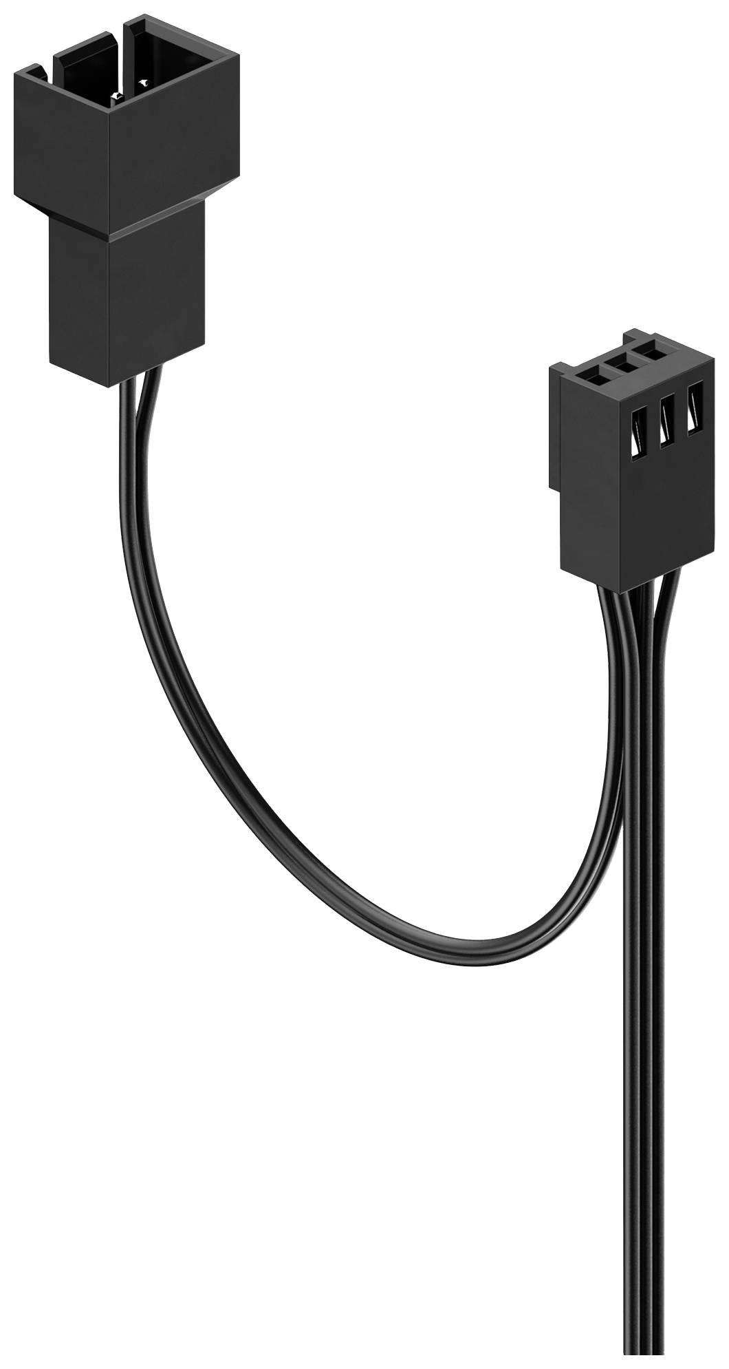 Zwart PC-kabel met twee 3-polige aansluitingen, verbonden door een gebogen kabelstuk. Gebruikt voor stroom- of gegevensoverdracht.